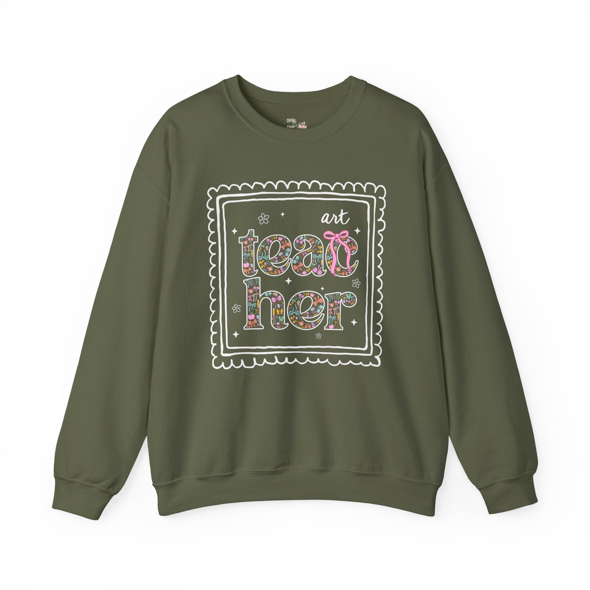 Colorful Art Teacher Sweatshirt for Back to School, Cute Floral Matching Art Department Crewneck with Bow, Cute Nineties Aesthetic Doodles - Opal and June