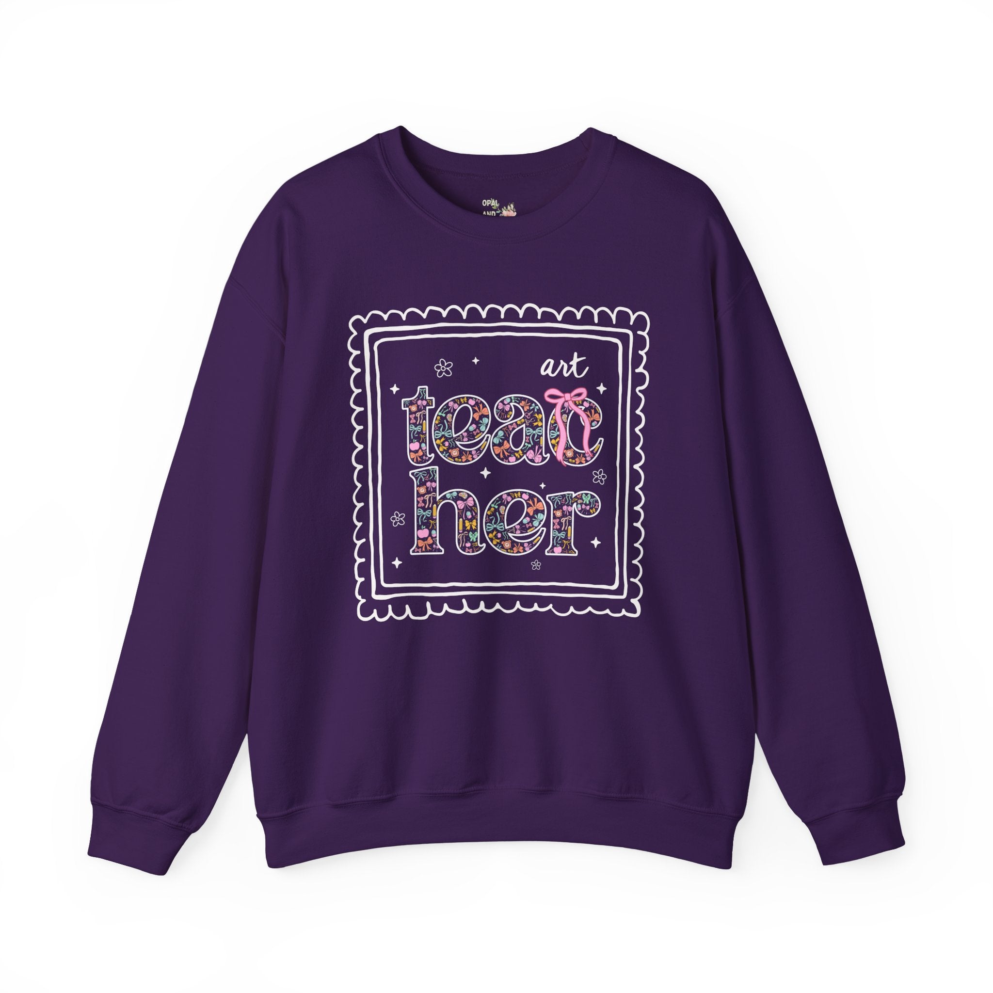 Colorful Art Teacher Sweatshirt for Back to School, Cute Floral Matching Art Department Crewneck with Bow, Cute Nineties Aesthetic Doodles - Opal and June