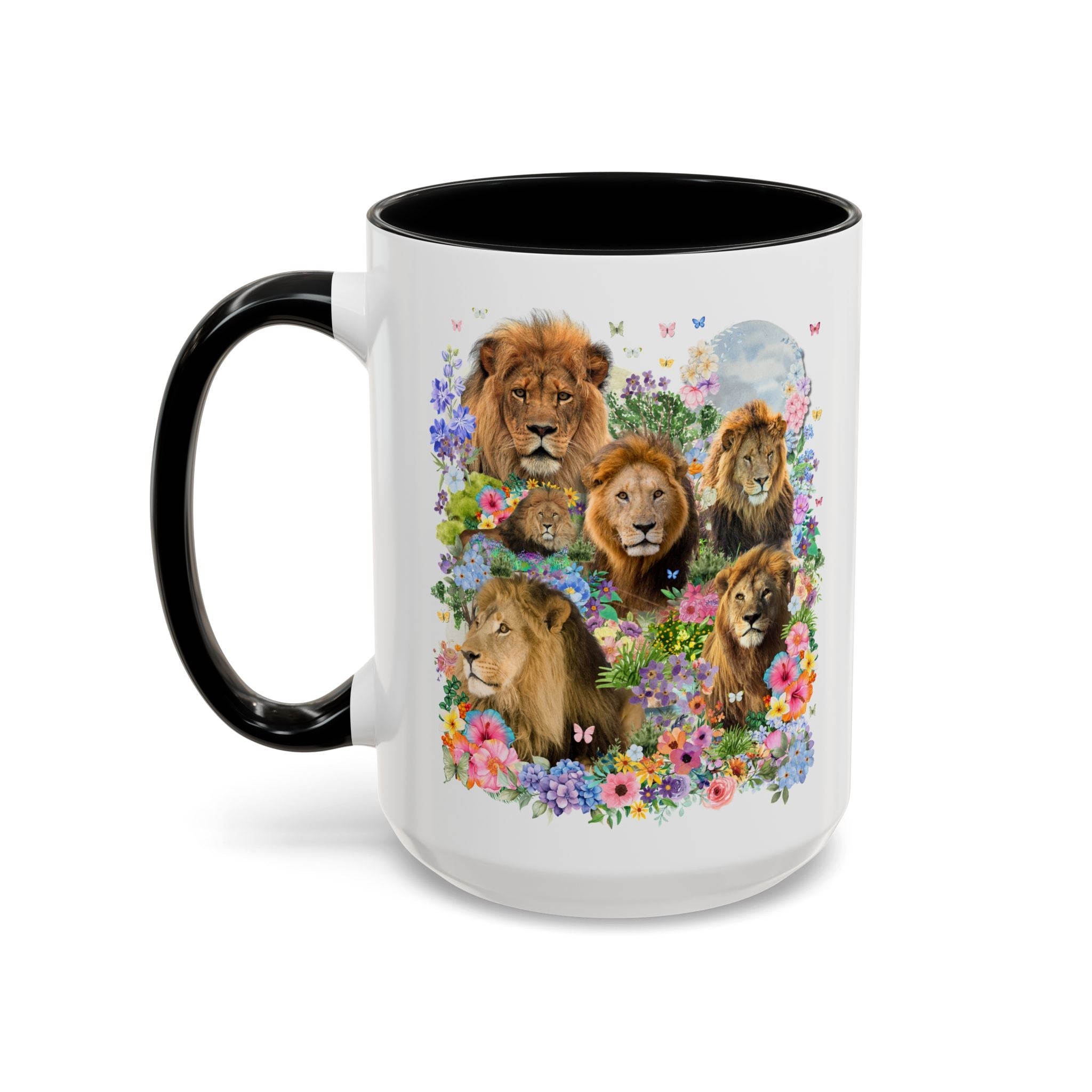 Colorful Big Cat Animal Lover Coffee Mug: Lions in Flowers - Opal and June