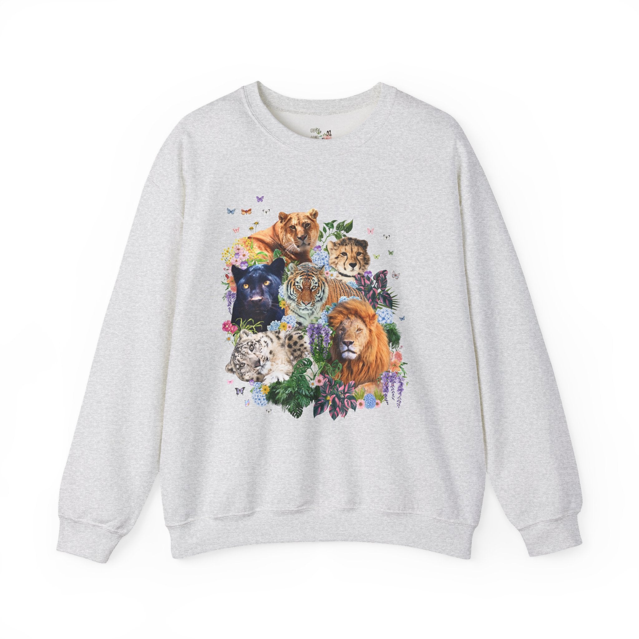 Colorful Big Cat Animal Lover Sweatshirt, Wild Nineties Throwback Collage Art Shirt, Trip to Zoo, Lion Tiger Liger Shirt with Snow Leopard - Opal and June