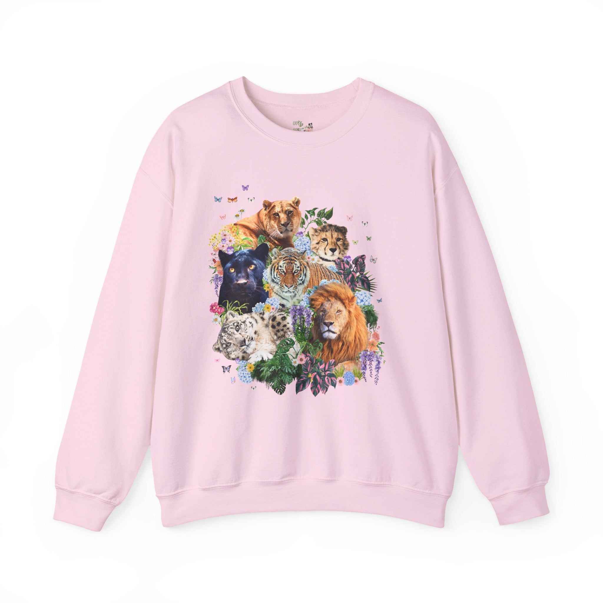 Colorful Big Cat Animal Lover Sweatshirt, Wild Nineties Throwback Collage Art Shirt, Trip to Zoo, Lion Tiger Liger Shirt with Snow Leopard - Opal and June