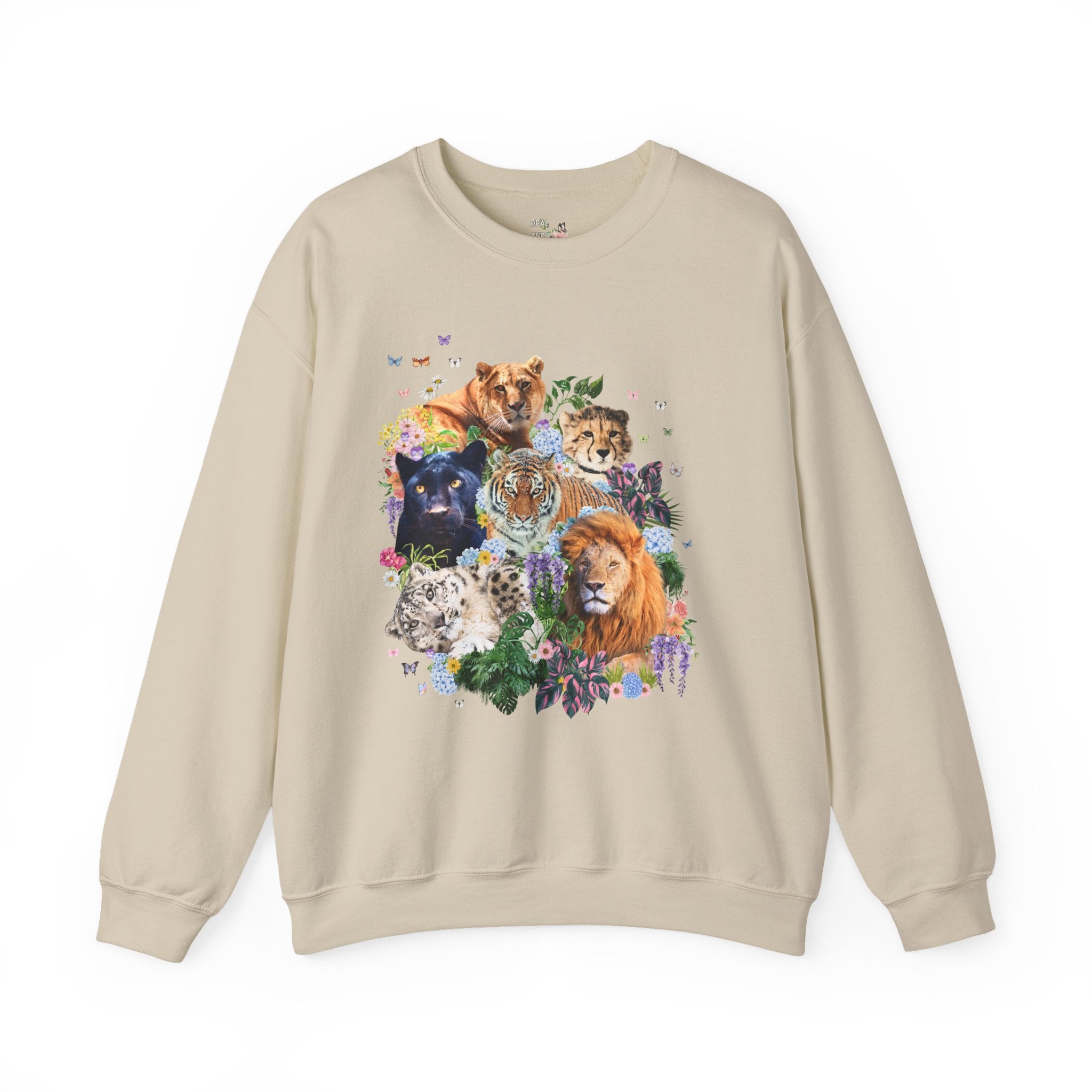 Colorful Big Cat Animal Lover Sweatshirt, Wild Nineties Throwback Collage Art Shirt, Trip to Zoo, Lion Tiger Liger Shirt with Snow Leopard - Opal and June