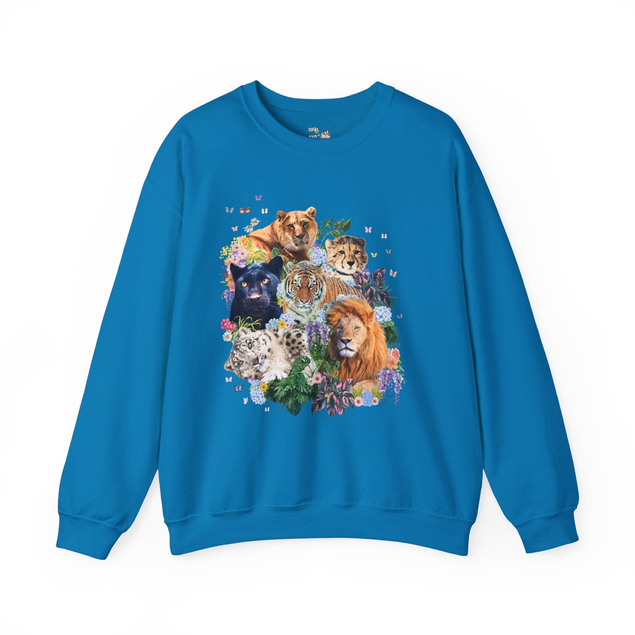 Colorful Big Cat Animal Lover Sweatshirt, Wild Nineties Throwback Collage Art Shirt, Trip to Zoo, Lion Tiger Liger Shirt with Snow Leopard - Opal and June