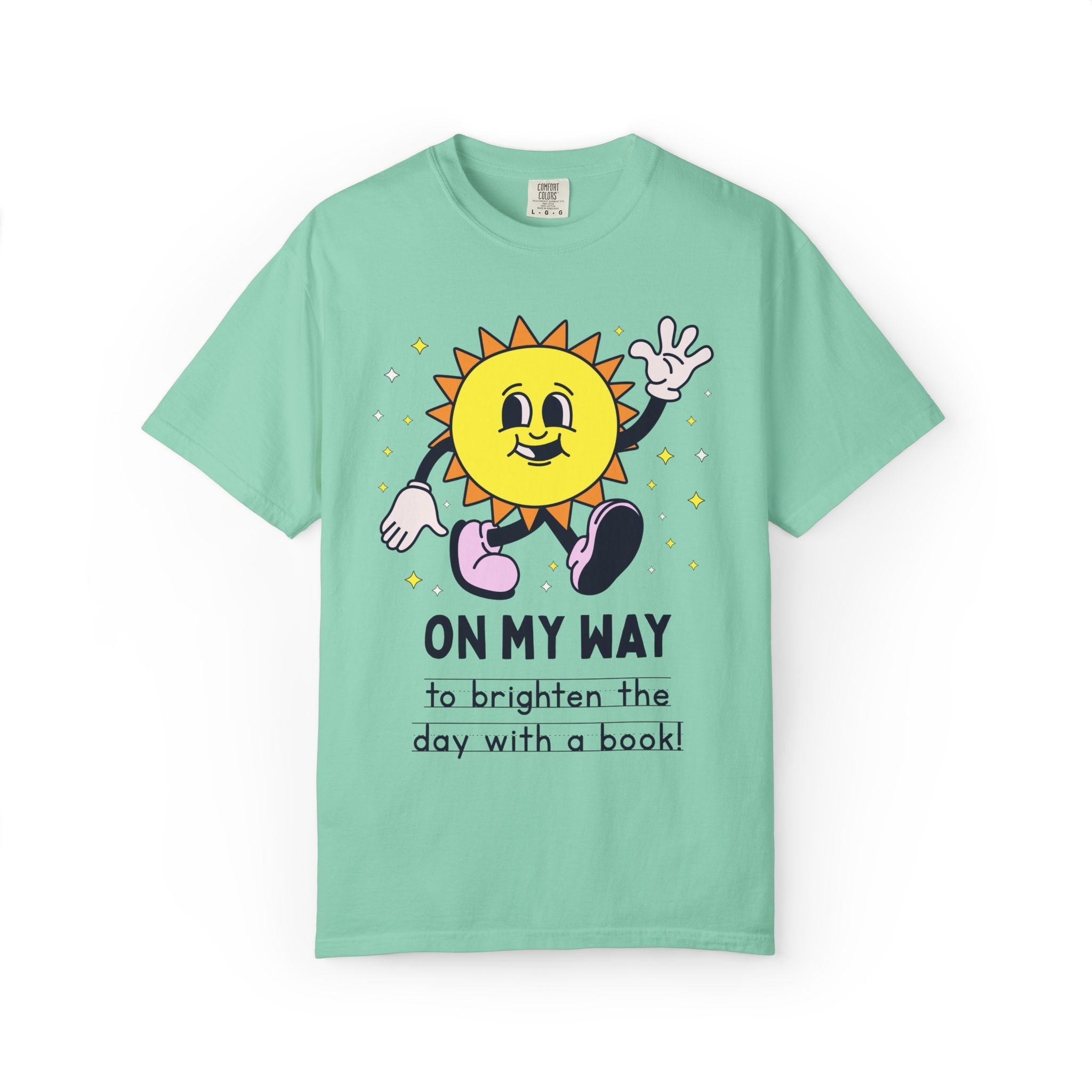 Colorful Book Lover Tee Shirt for School Librarian or Reading Teacher: On My Way to Brighten the Day with a Book, 90s Aesthetic Bookish Tee - Opal and June