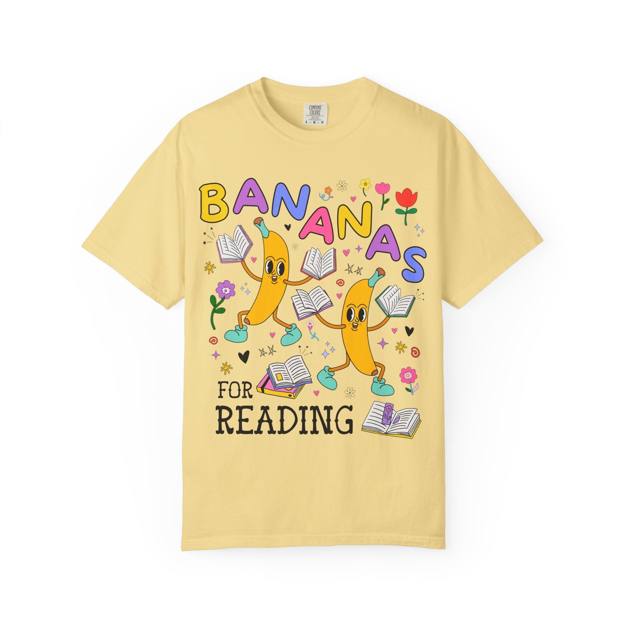 Colorful Bookworm Tee Shirt with Fruit: Bananas for Reading! Funny Saying Book Lover Gift Idea for Romance Reader, Bookish School Librarian - Opal and June