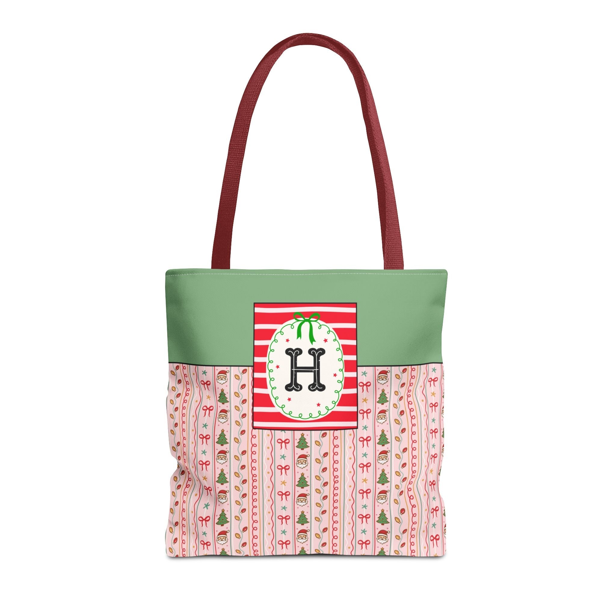 Colorful Christmas Tote Bag with Cute Doodles and Initial or Letter, Sweet Cottagecore Matching Holiday Tote Bag for Sisters or Family: H - Opal and June