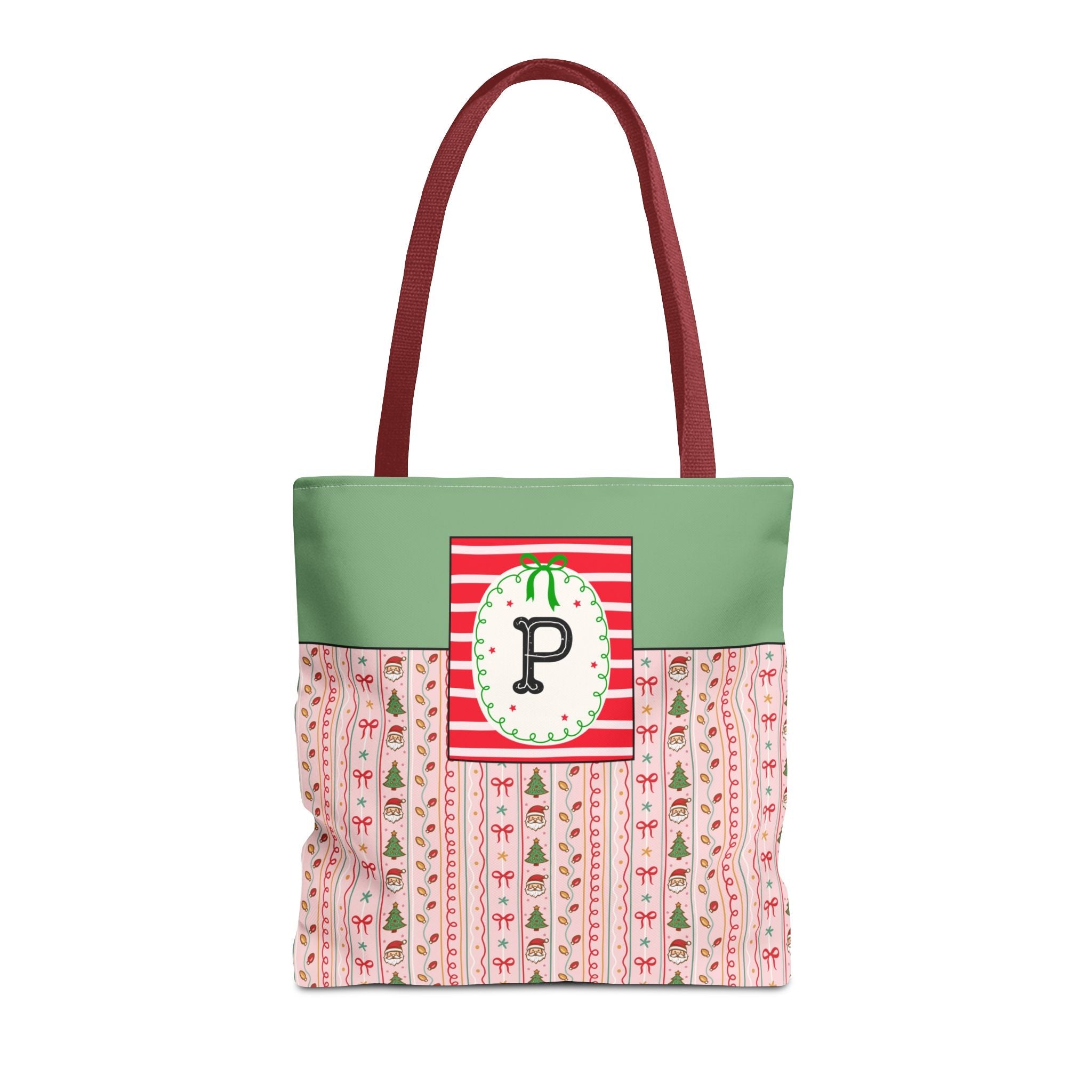 Colorful Christmas Tote Bag with Cute Doodles and Initial or Letter, Sweet Cottagecore Matching Holiday Tote Bag for Sisters or Family: P - Opal and June