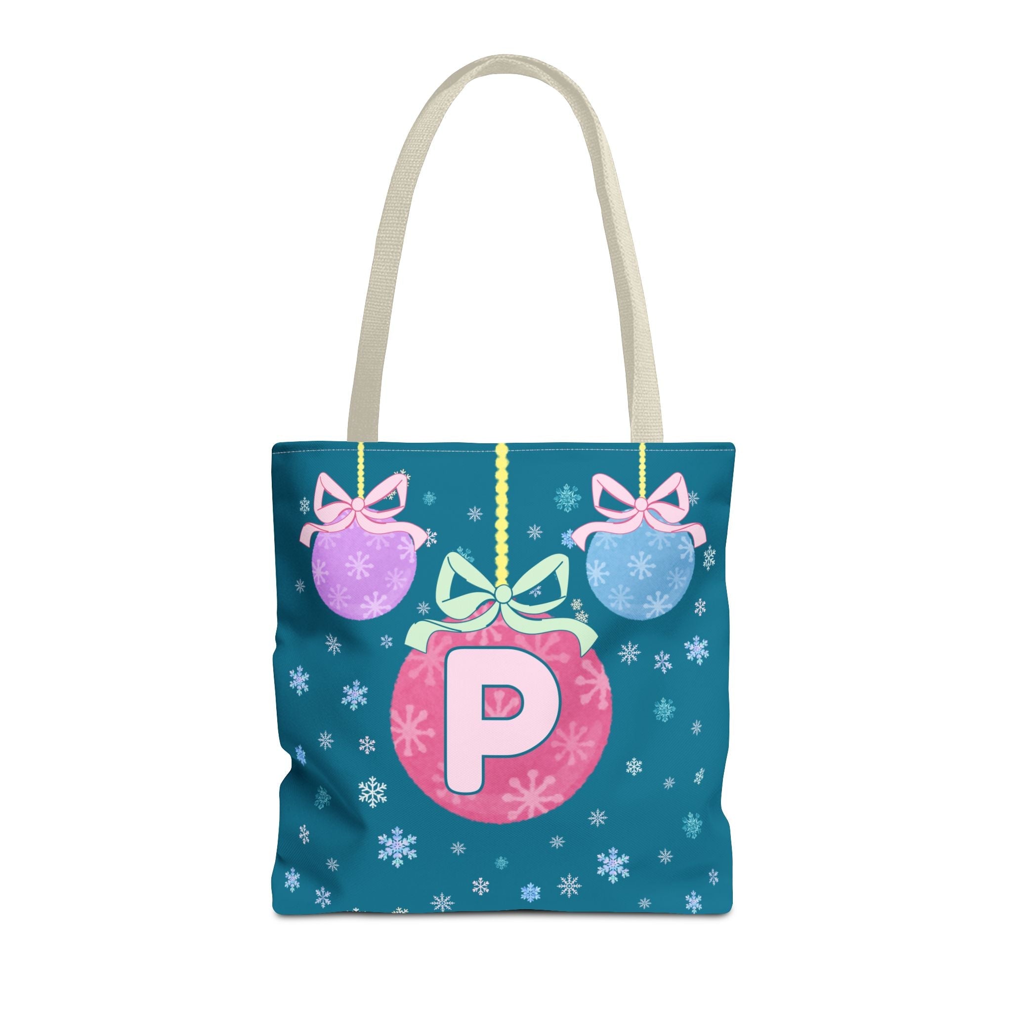 Colorful Christmas Tote Bag with Initial, Cute Matching Holiday Tote Bag for Sorority Sisters or Family, Nostalgic Maximalist Vibes: P - Opal and June