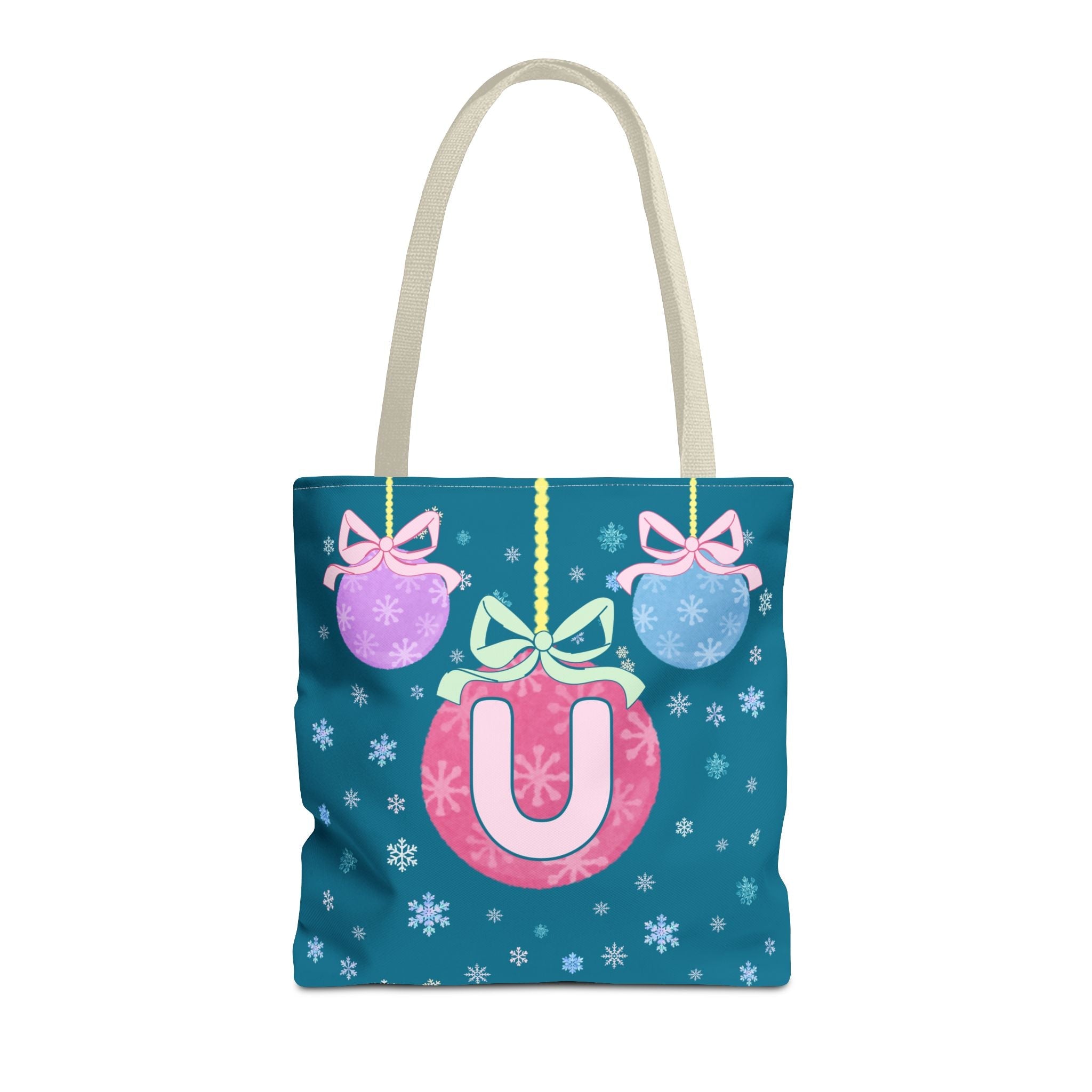 Colorful Christmas Tote Bag with Initial, Cute Matching Holiday Tote Bag for Sorority Sisters or Family, Nostalgic Maximalist Vibes: U - Opal and June