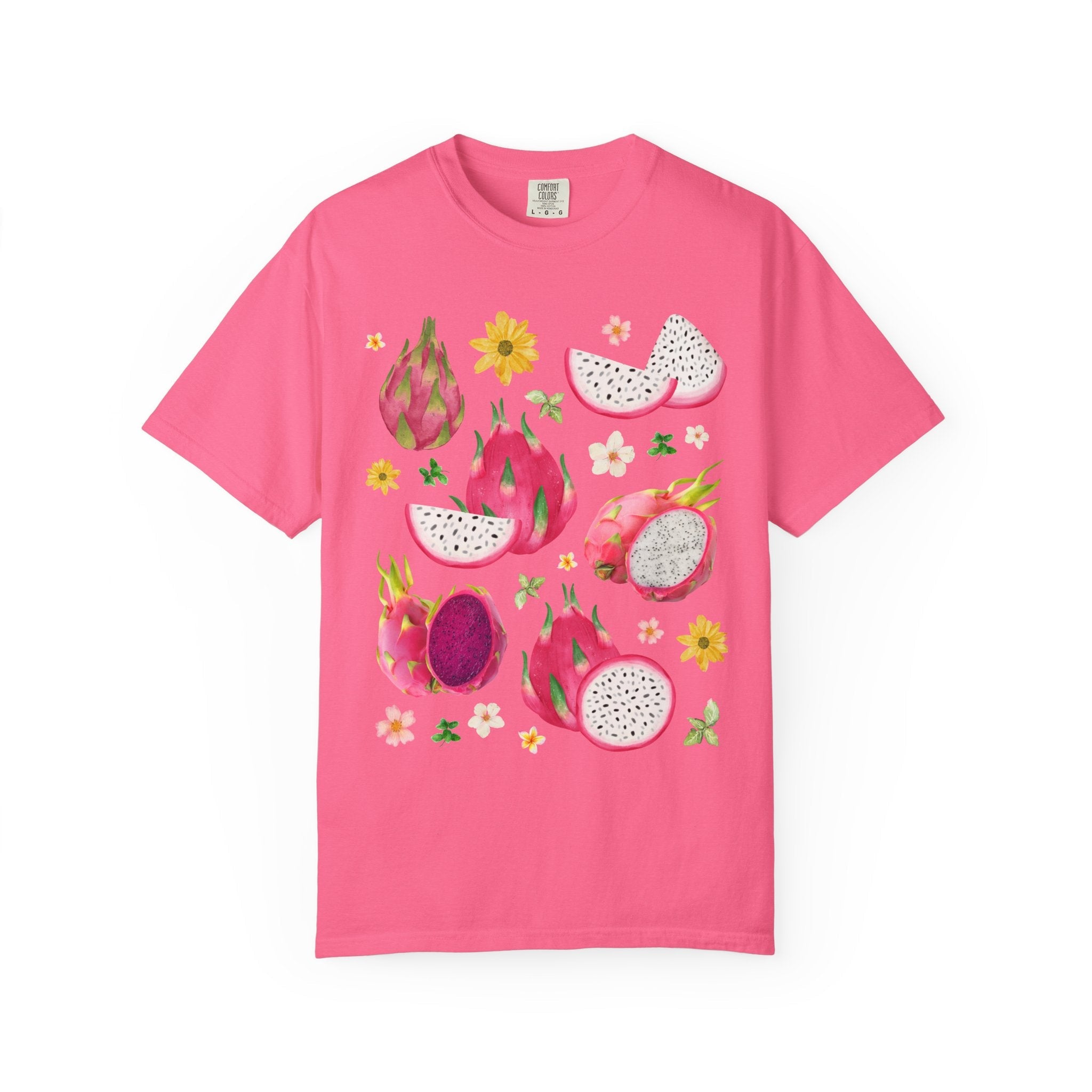 Colorful Dragonfruit Tee Shirt with Flowers: Cozy Goblincore T-Shirt, Fruit Lover Gift for Vegetarian, Boho Dragon Lover Cottagecore Shirt - Opal and June