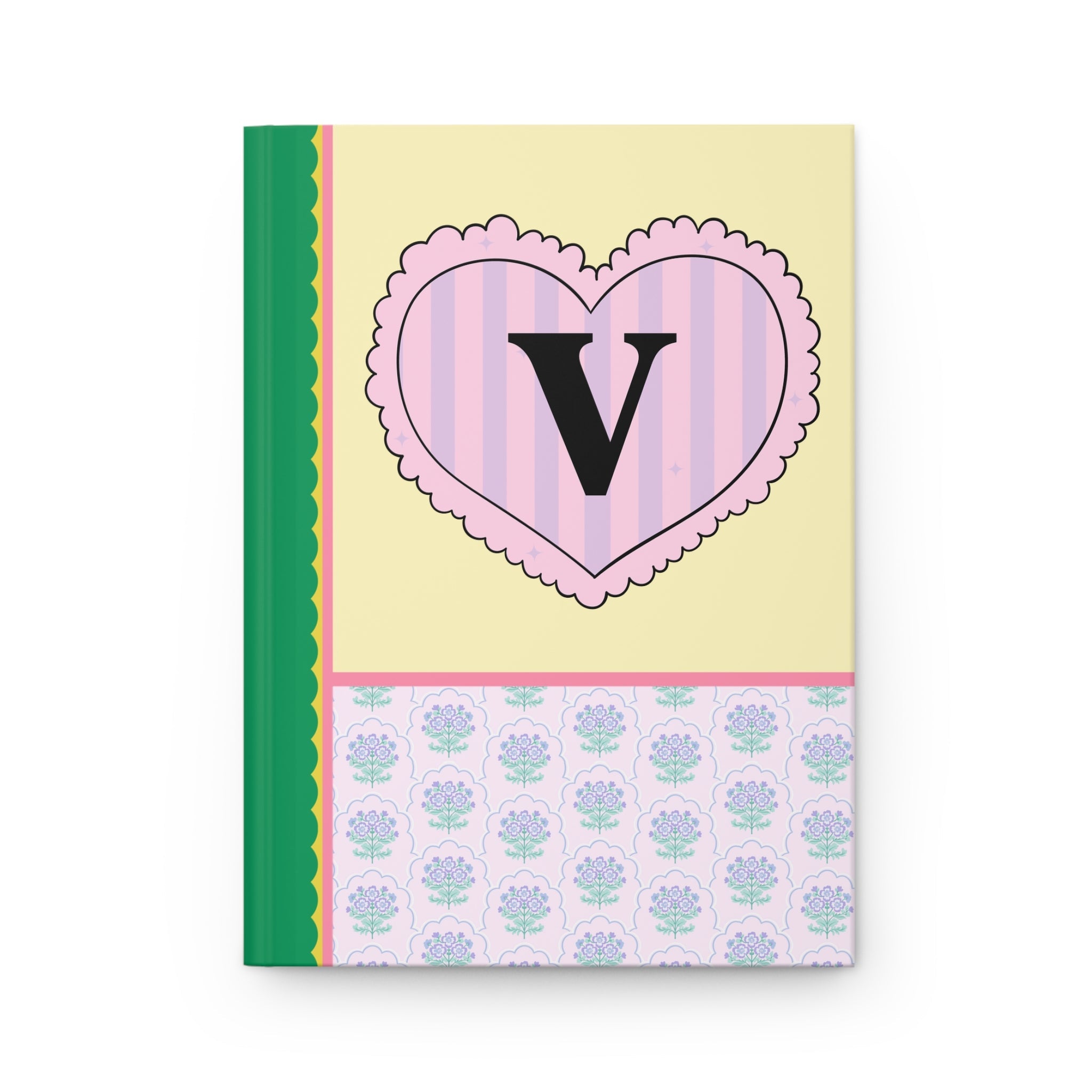 Colorful Floral Notebook with Initial for Best Friend or Sister, Cute Striped Floral Journal with Heart, Cute Retro Notebook with Letter: V - Opal and June
