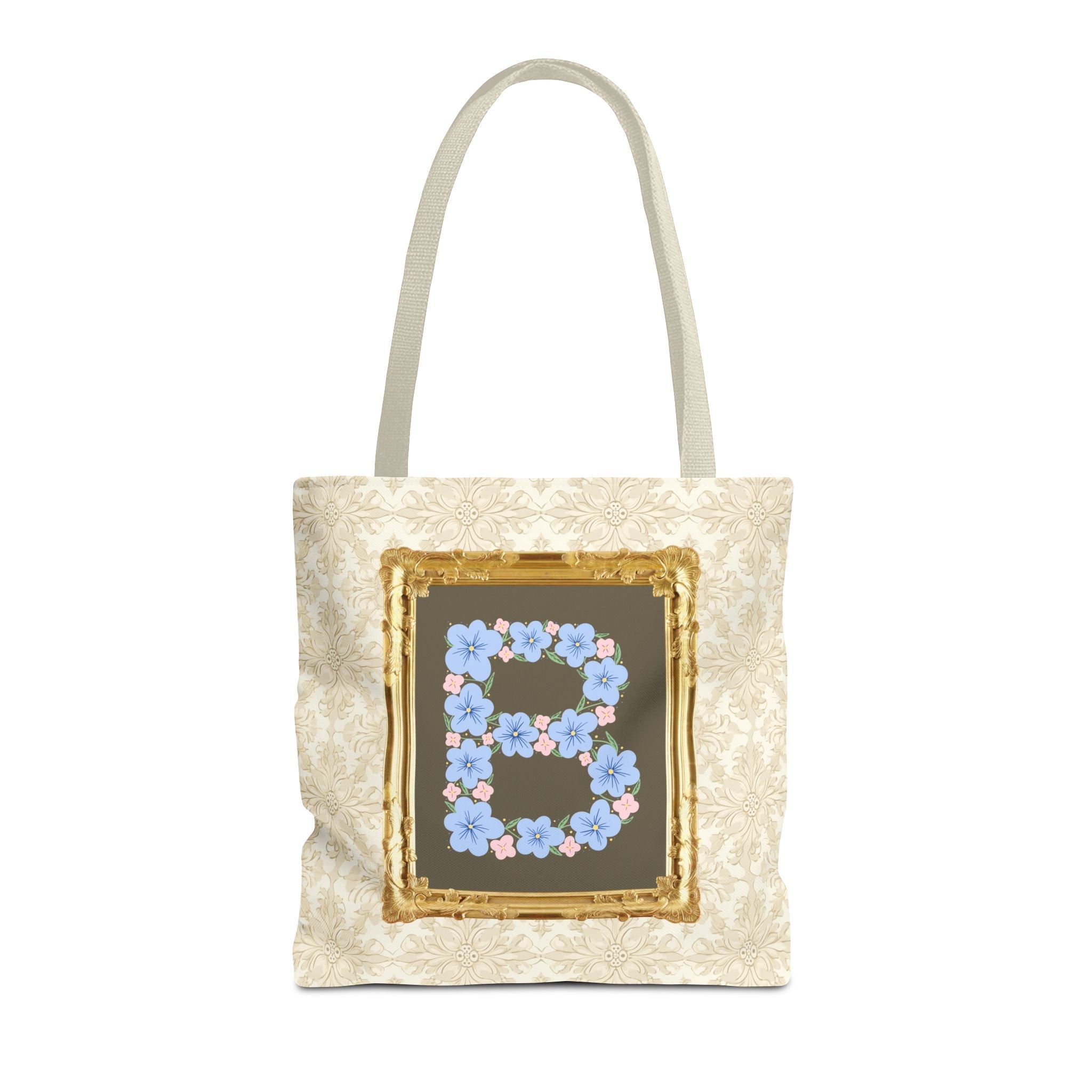 Colorful Floral Tote Bag with Framed Flower Letter, Boho Wildflower Vintage Aesthetic Tote Bag for Daughter or Co - Worker's Birthday: B - Opal and June