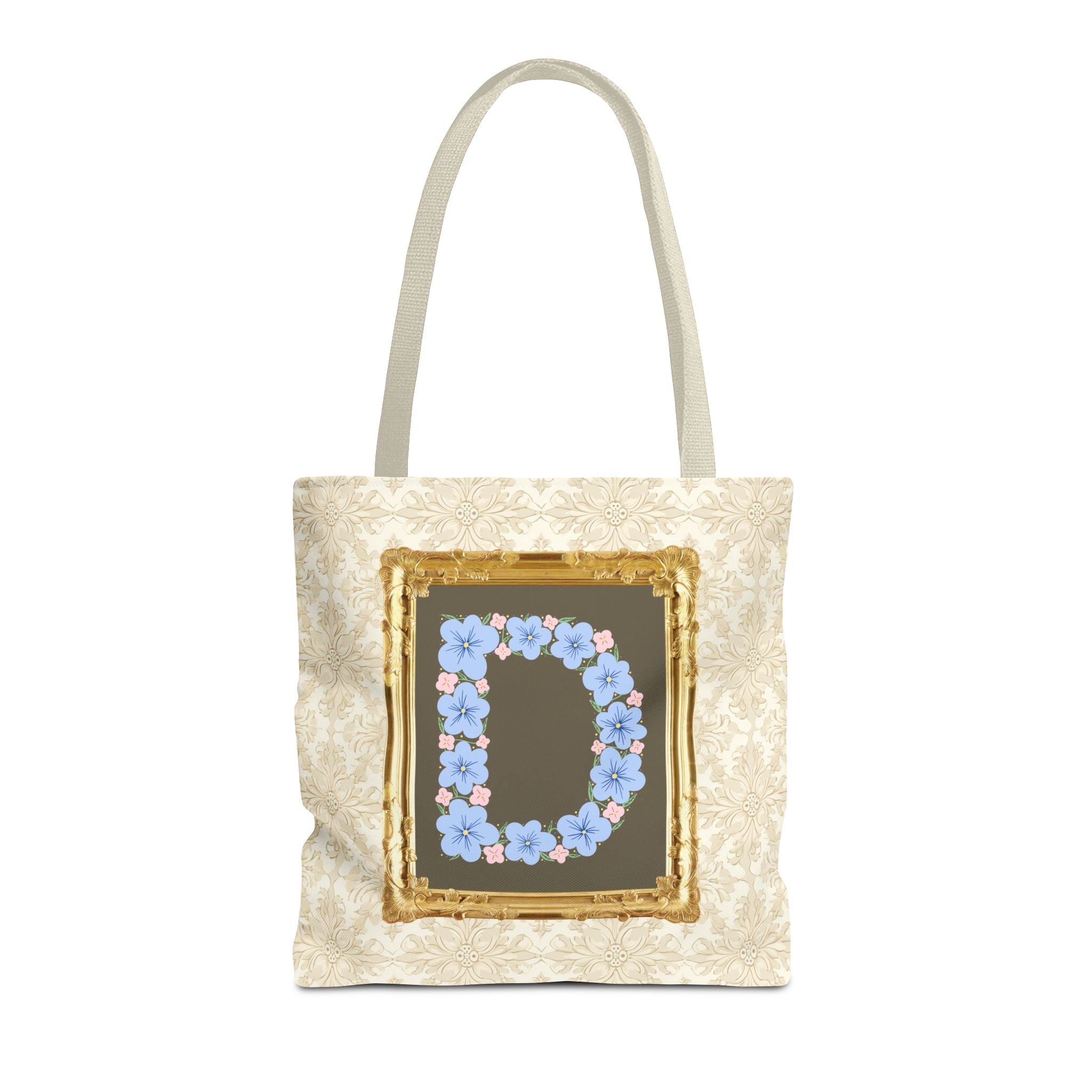 Colorful Floral Tote Bag with Framed Flower Letter, Boho Wildflower Vintage Aesthetic Tote Bag for Daughter or Co - Worker's Birthday: D - Opal and June