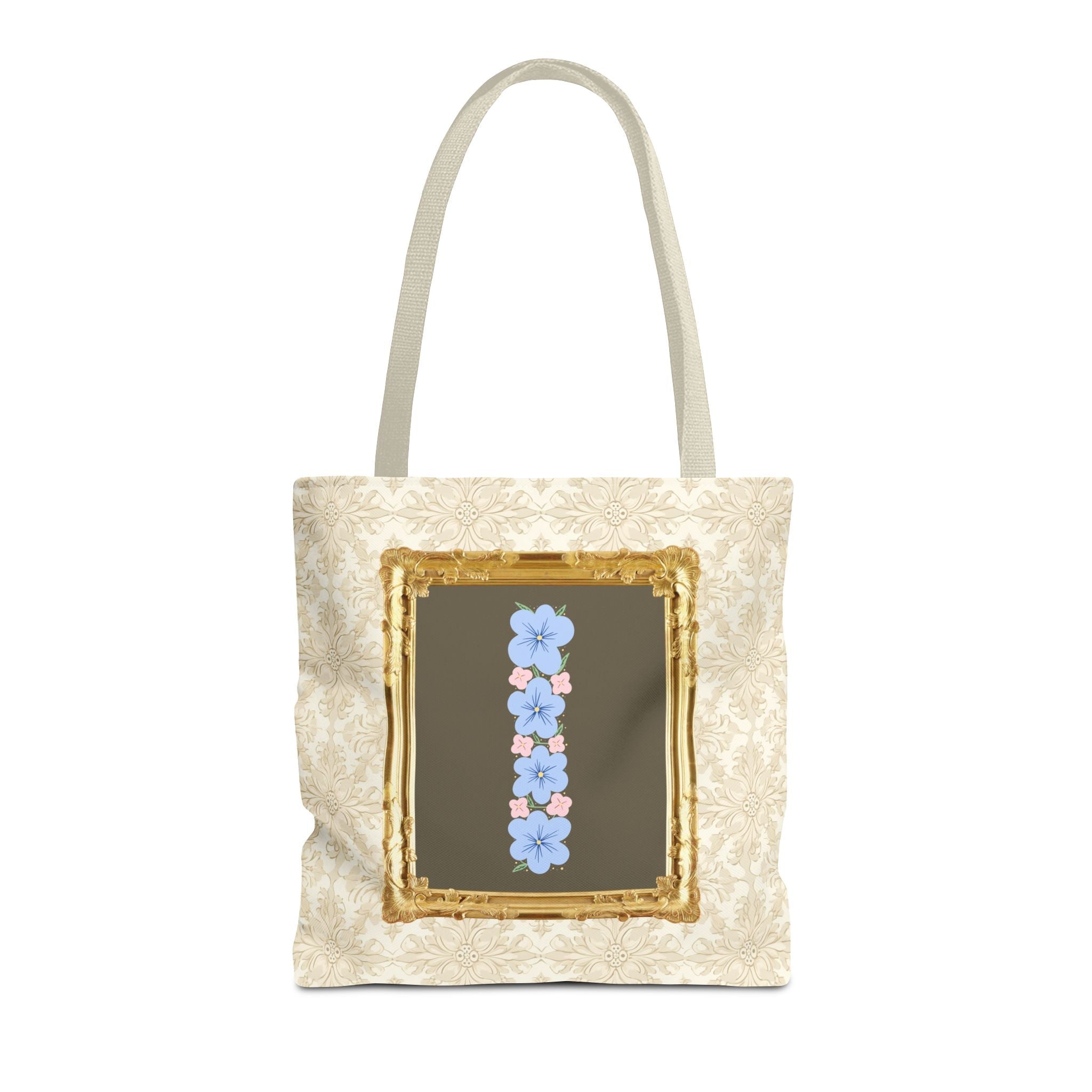 Colorful Floral Tote Bag with Framed Flower Letter, Boho Wildflower Vintage Aesthetic Tote Bag for Daughter or Co - Worker's Birthday: I - Opal and June