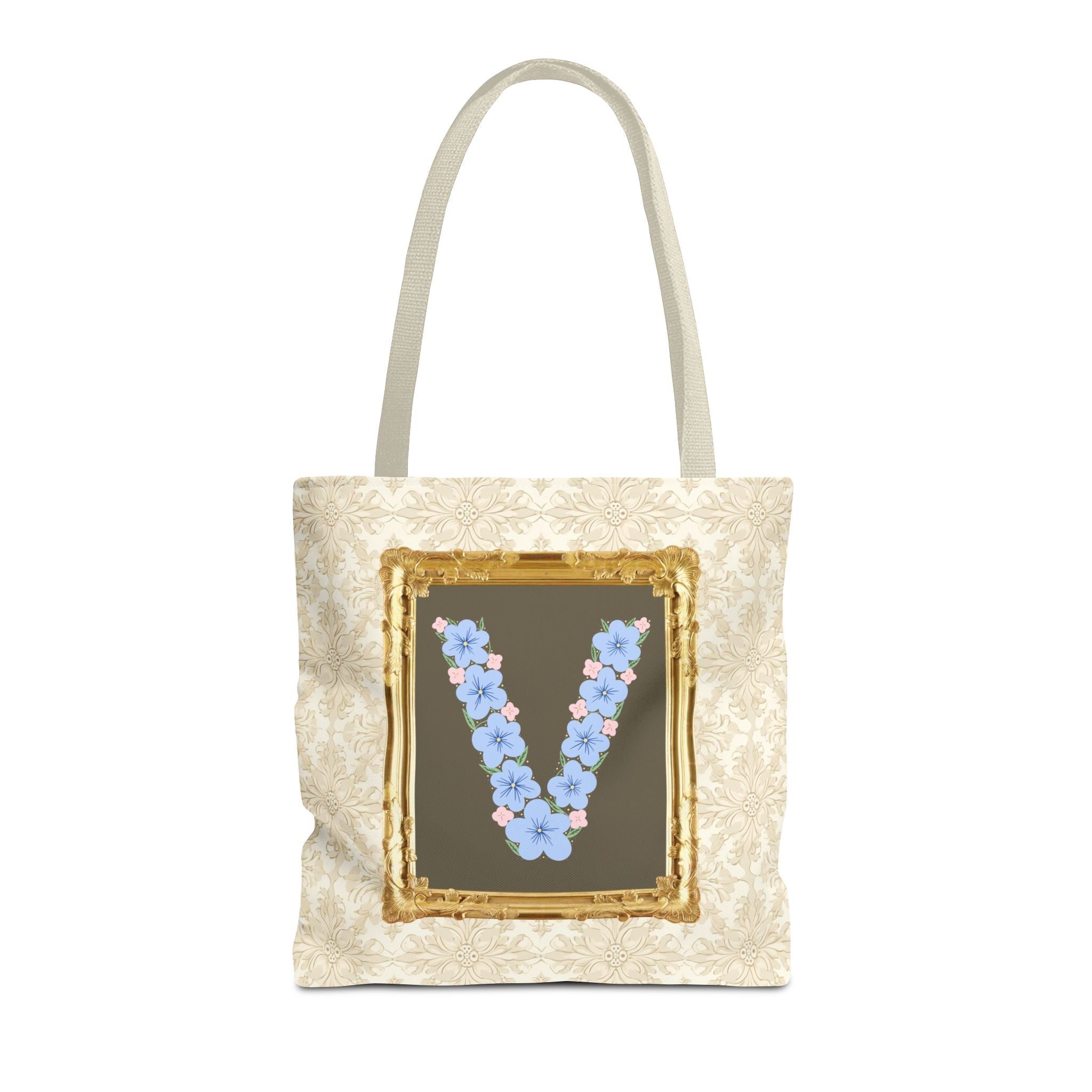 Colorful Floral Tote Bag with Framed Flower Letter, Boho Wildflower Vintage Aesthetic Tote Bag for Daughter or Co - Worker's Birthday: V - Opal and June