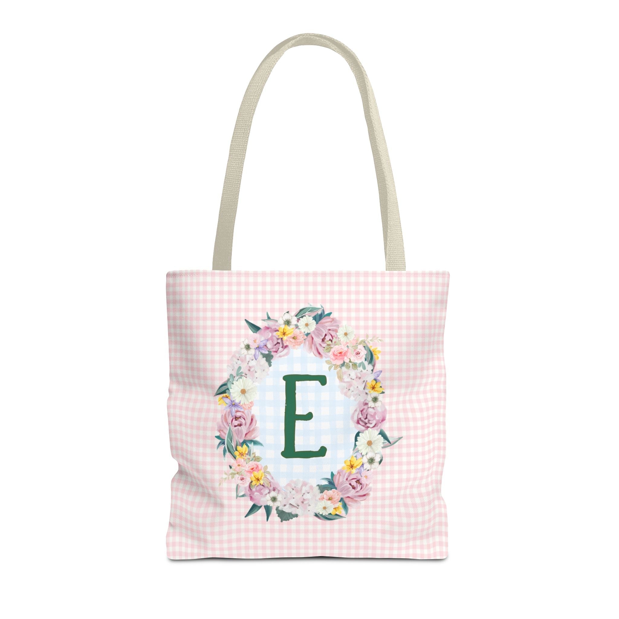 Colorful Floral Tote Bag with Initial and Cute Gingham Pattern, Pink and Green Tote Bag for Daughter or Sorority Sister, Birthday Gift: E - Opal and June