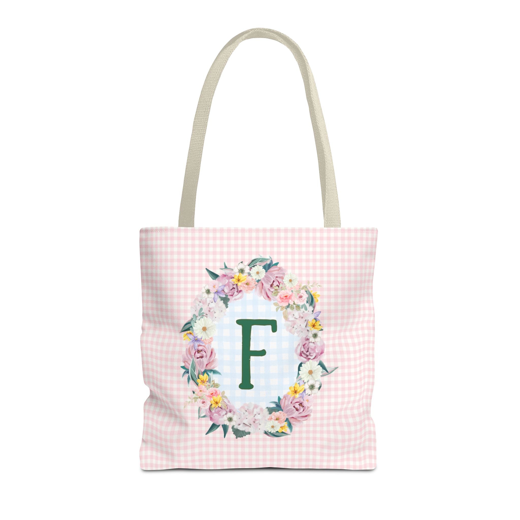 Colorful Floral Tote Bag with Initial and Cute Gingham Pattern, Pink and Green Tote Bag for Daughter or Sorority Sister, Birthday Gift: F - Opal and June