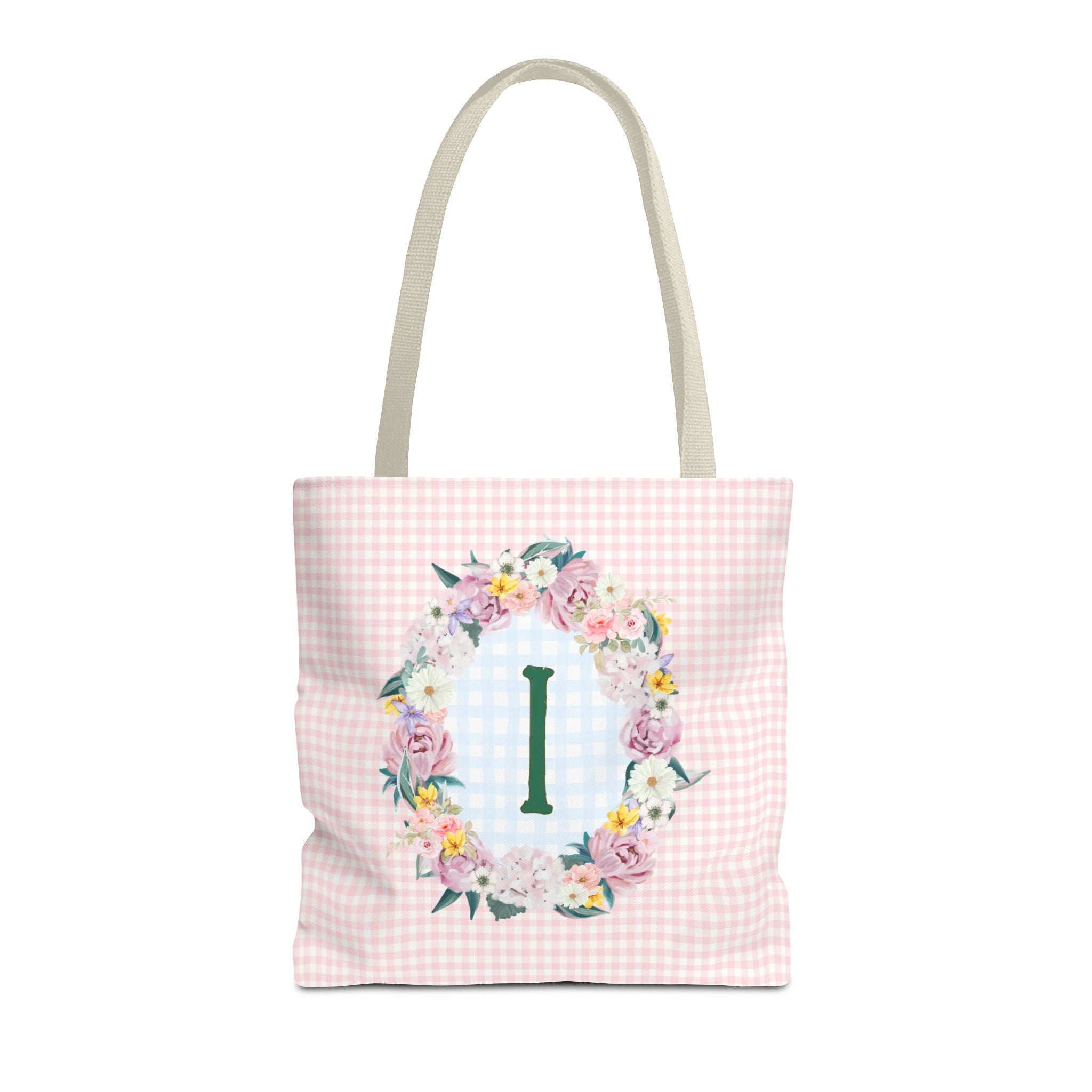 Colorful Floral Tote Bag with Initial and Cute Gingham Pattern, Pink and Green Tote Bag for Daughter or Sorority Sister, Birthday Gift: I - Opal and June