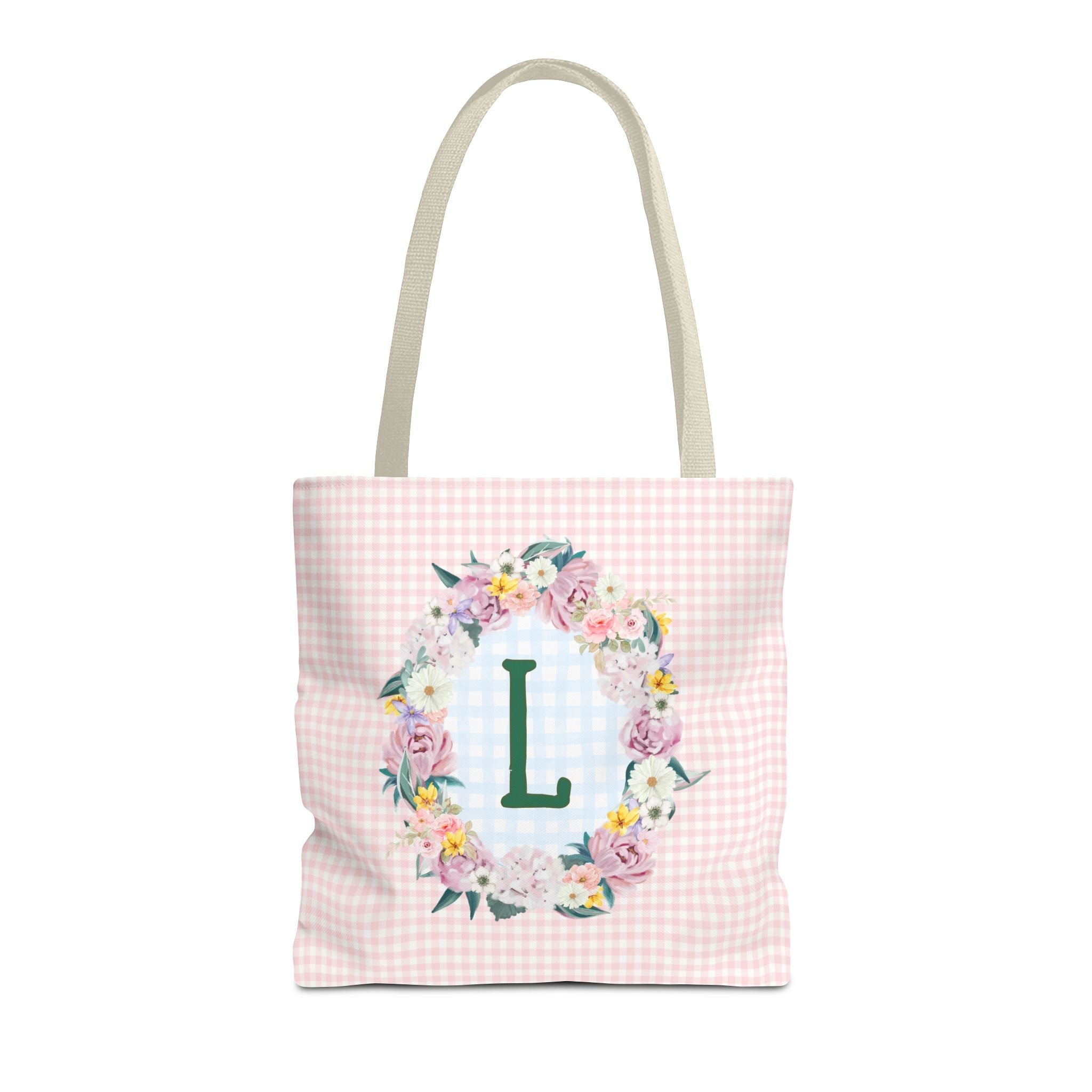 Colorful Floral Tote Bag with Initial and Cute Gingham Pattern, Pink and Green Tote Bag for Daughter or Sorority Sister, Birthday Gift: L - Opal and June