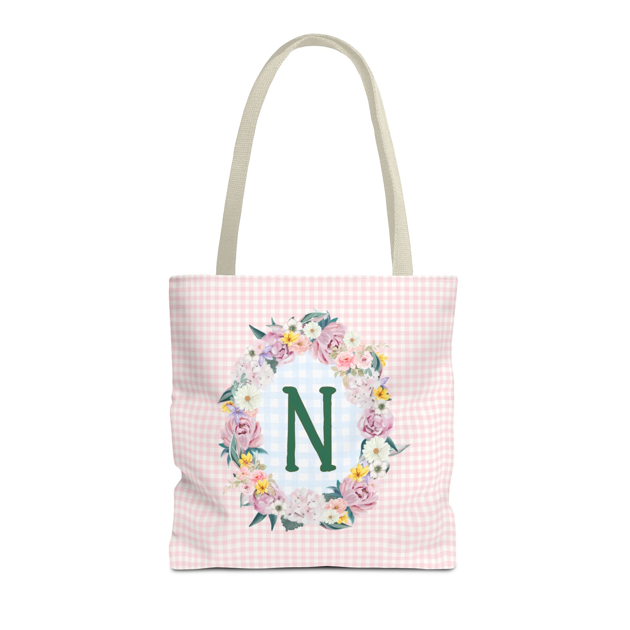 Colorful Floral Tote Bag with Initial and Cute Gingham Pattern, Pink and Green Tote Bag for Daughter or Sorority Sister, Birthday Gift: N - Opal and June