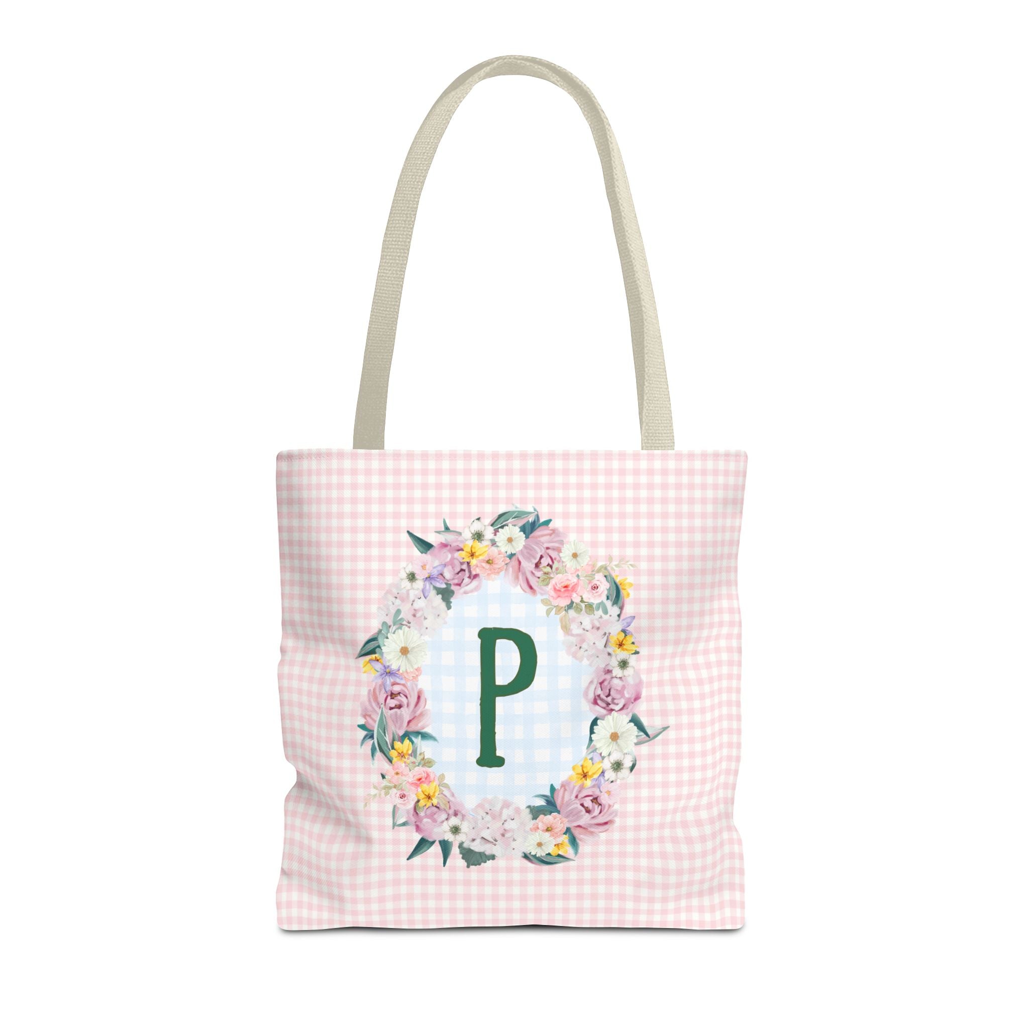 Colorful Floral Tote Bag with Initial and Cute Gingham Pattern, Pink and Green Tote Bag for Daughter or Sorority Sister, Birthday Gift: P - Opal and June