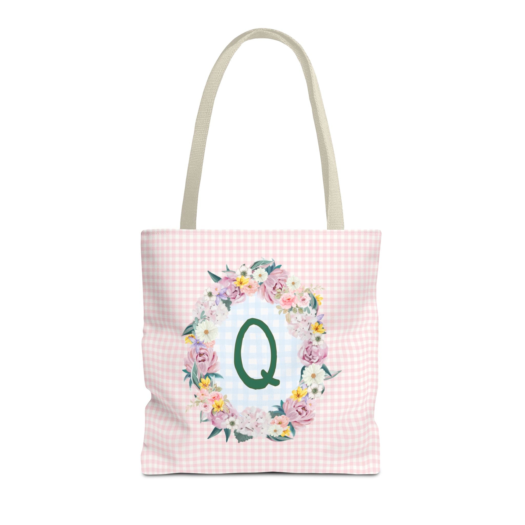 Colorful Floral Tote Bag with Initial and Cute Gingham Pattern, Pink and Green Tote Bag for Daughter or Sorority Sister, Birthday Gift: Q - Opal and June
