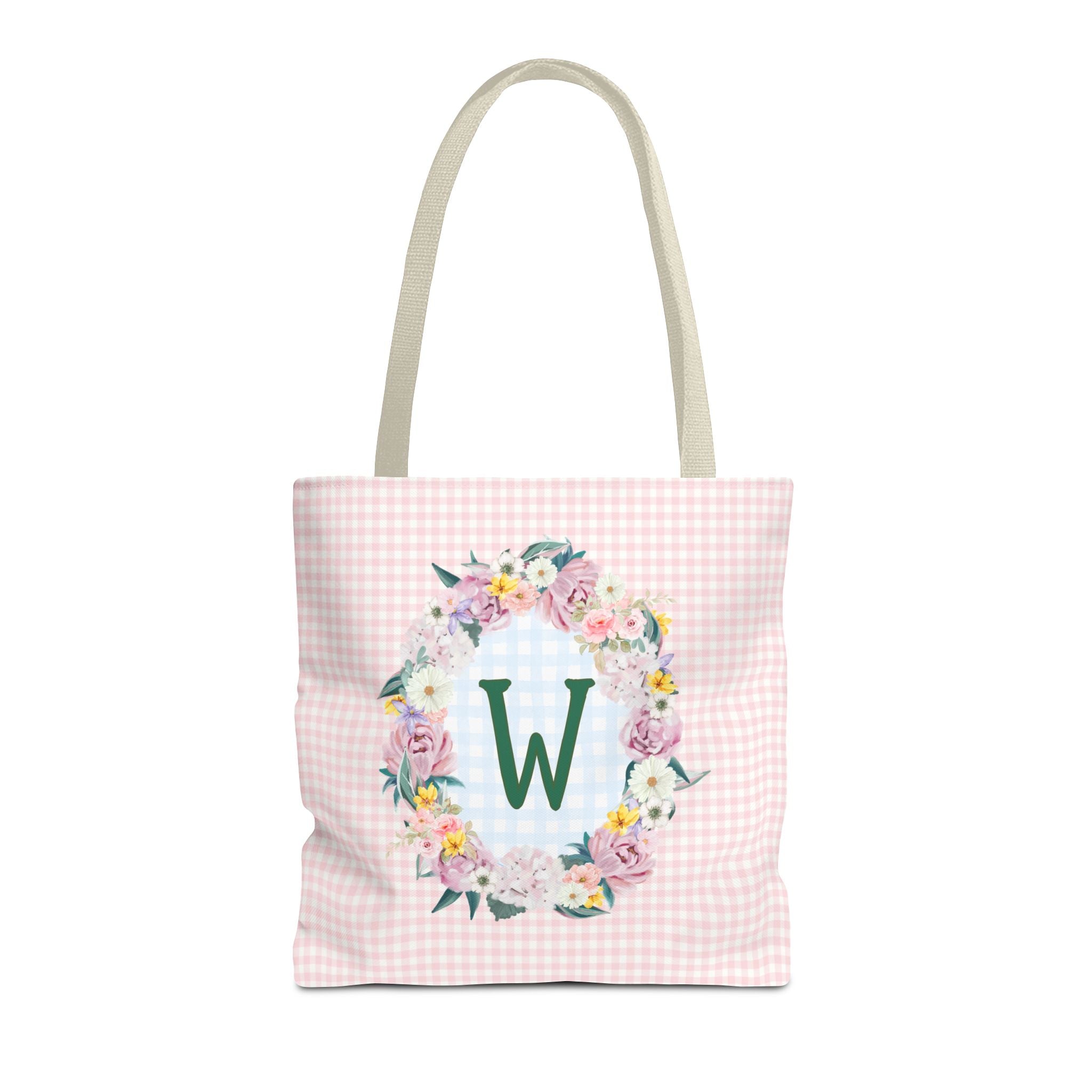 Colorful Floral Tote Bag with Initial and Cute Gingham Pattern, Pink and Green Tote Bag for Daughter or Sorority Sister, Birthday Gift: W - Opal and June