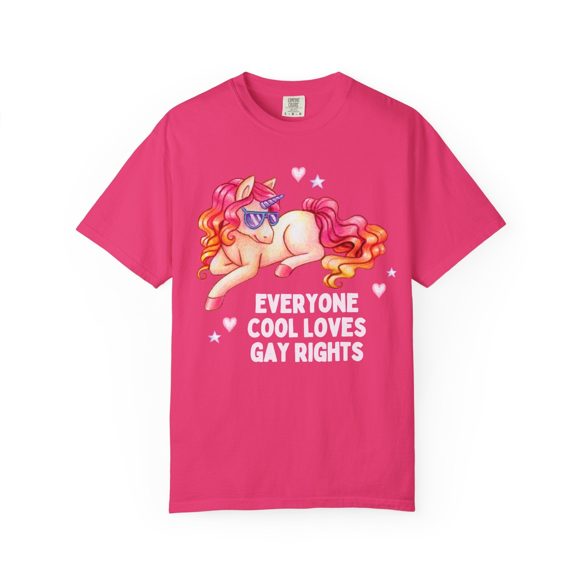 Colorful Gay Rights Tee Shirt with Unicorn Wearing Sunglasses: Everyone Cool Loves Gay Rights, Silly Dreamcore LGBTQ+ Ally Tee for Pride - Opal and June