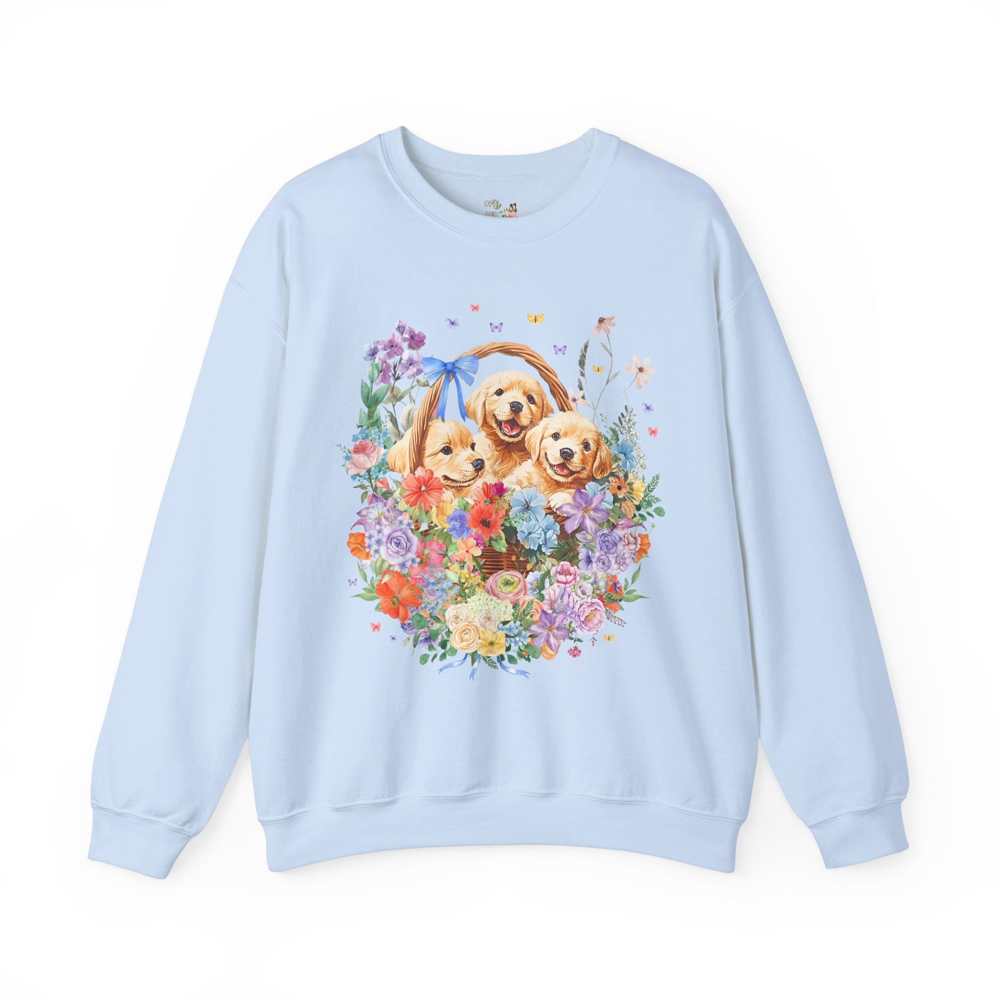 Colorful Golden Retriever Sweatshirt with Butterflies: Cute Floral Cottagecore Puppy Crewneck for Friend Who Loves Dogs, 90s Throwback Gift - Opal and June