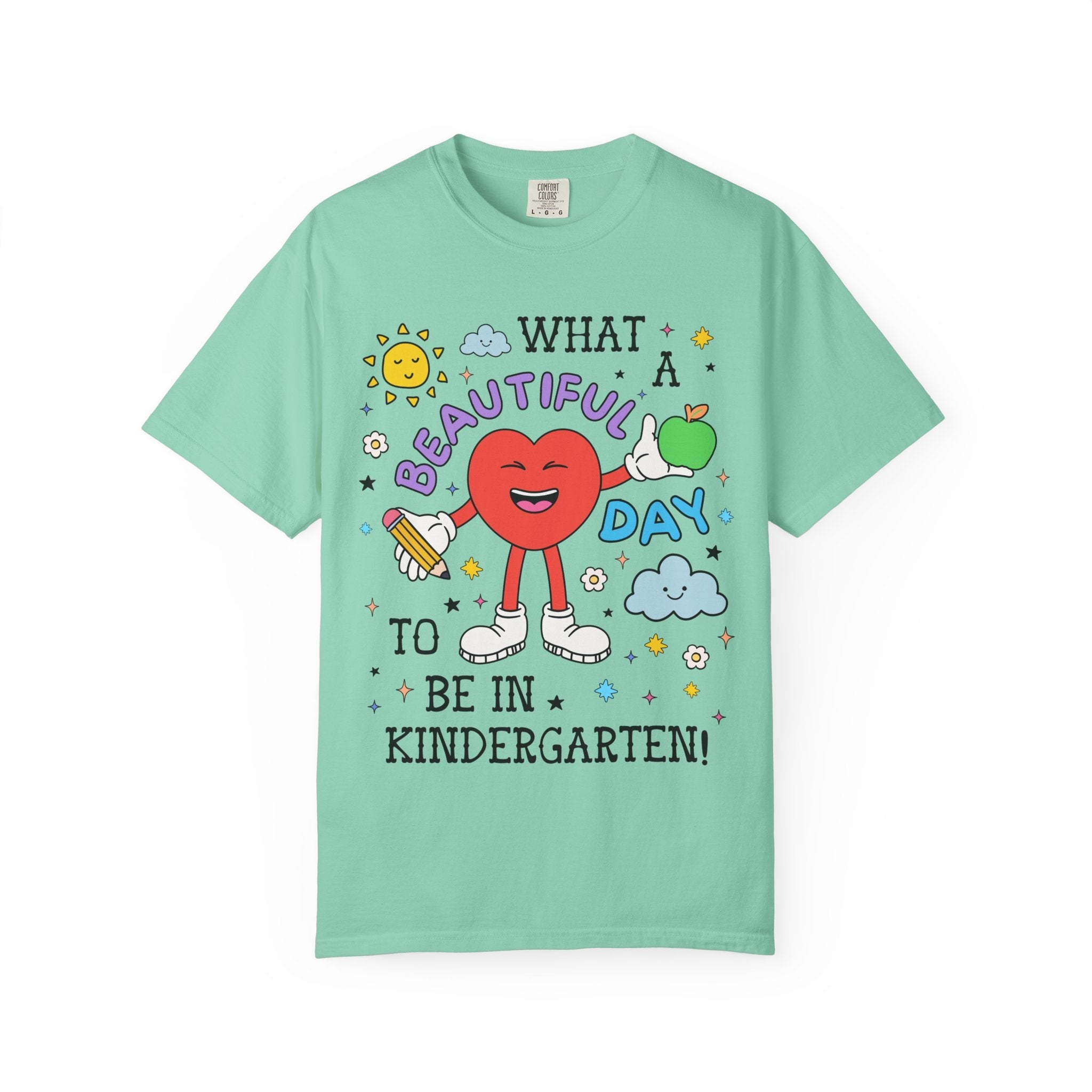 Colorful Kindergarten Teacher Tee Shirt with Stars, Funny Saying Kindergarten Crew Tee, First Day of School, Back to School Meet the Teacher - Opal and June