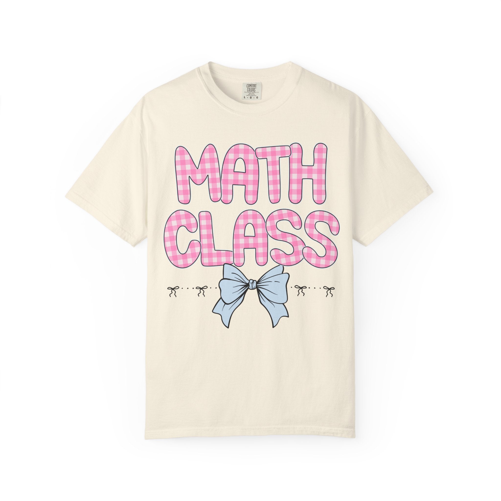 Colorful Math Teacher T-Shirt with Pink Gingham Letters, First Day of School, Back to School Matching Teacher Tee with Bow, Soft Girl Style - Opal and June