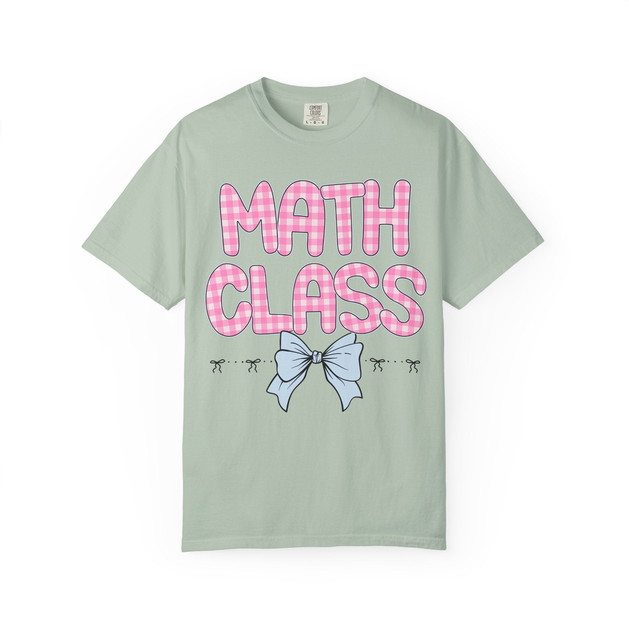 Colorful Math Teacher T-Shirt with Pink Gingham Letters, First Day of School, Back to School Matching Teacher Tee with Bow, Soft Girl Style - Opal and June