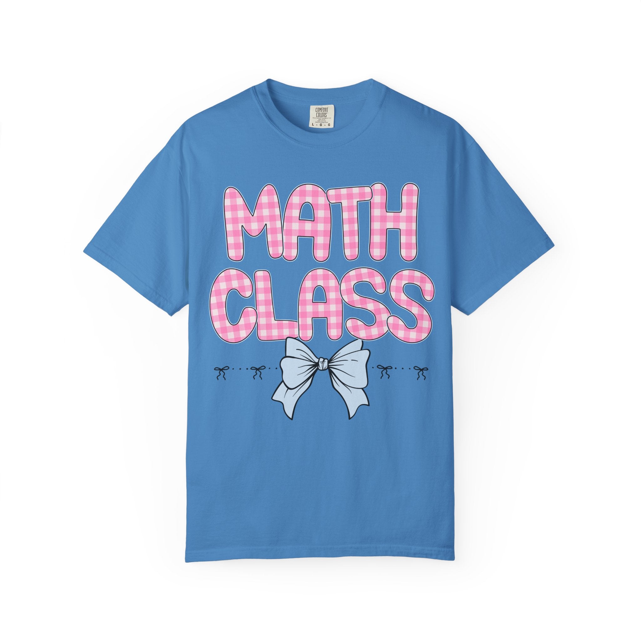 Colorful Math Teacher T-Shirt with Pink Gingham Letters, First Day of School, Back to School Matching Teacher Tee with Bow, Soft Girl Style - Opal and June
