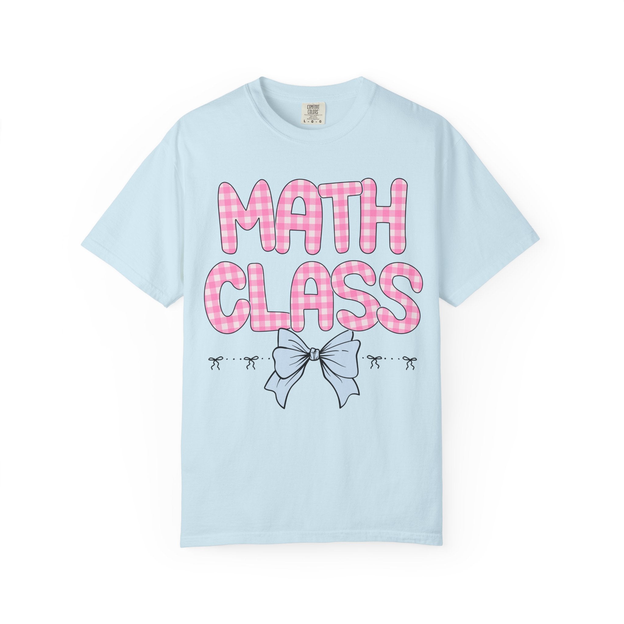 Colorful Math Teacher T-Shirt with Pink Gingham Letters, First Day of School, Back to School Matching Teacher Tee with Bow, Soft Girl Style - Opal and June