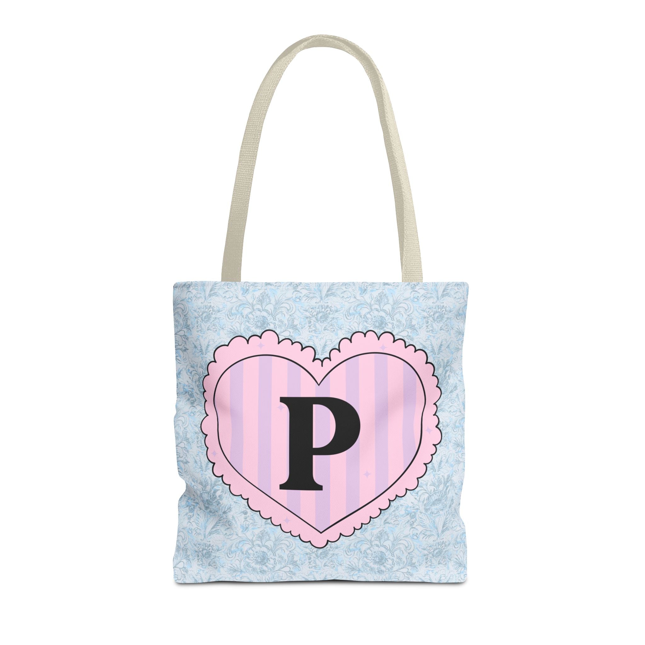 Colorful Plaid Tote Bag with Initial for Best Friend or Sister, Cute Striped Floral Tote Bag with Heart, Tote Bag with Letter: P - Opal and June