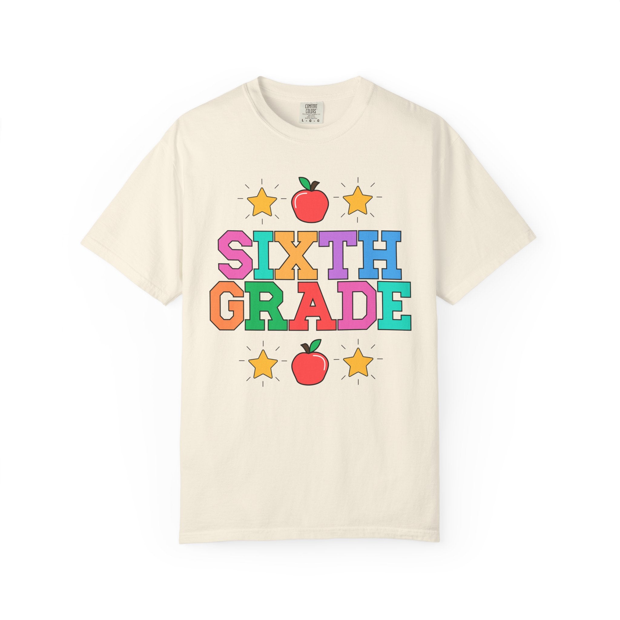 Colorful Sixth Grade Teacher Tee Shirt with Cute 90s Throwback Apple, First Day of School Teacher Team Shirt, Retro Back to School Tee - Opal and June