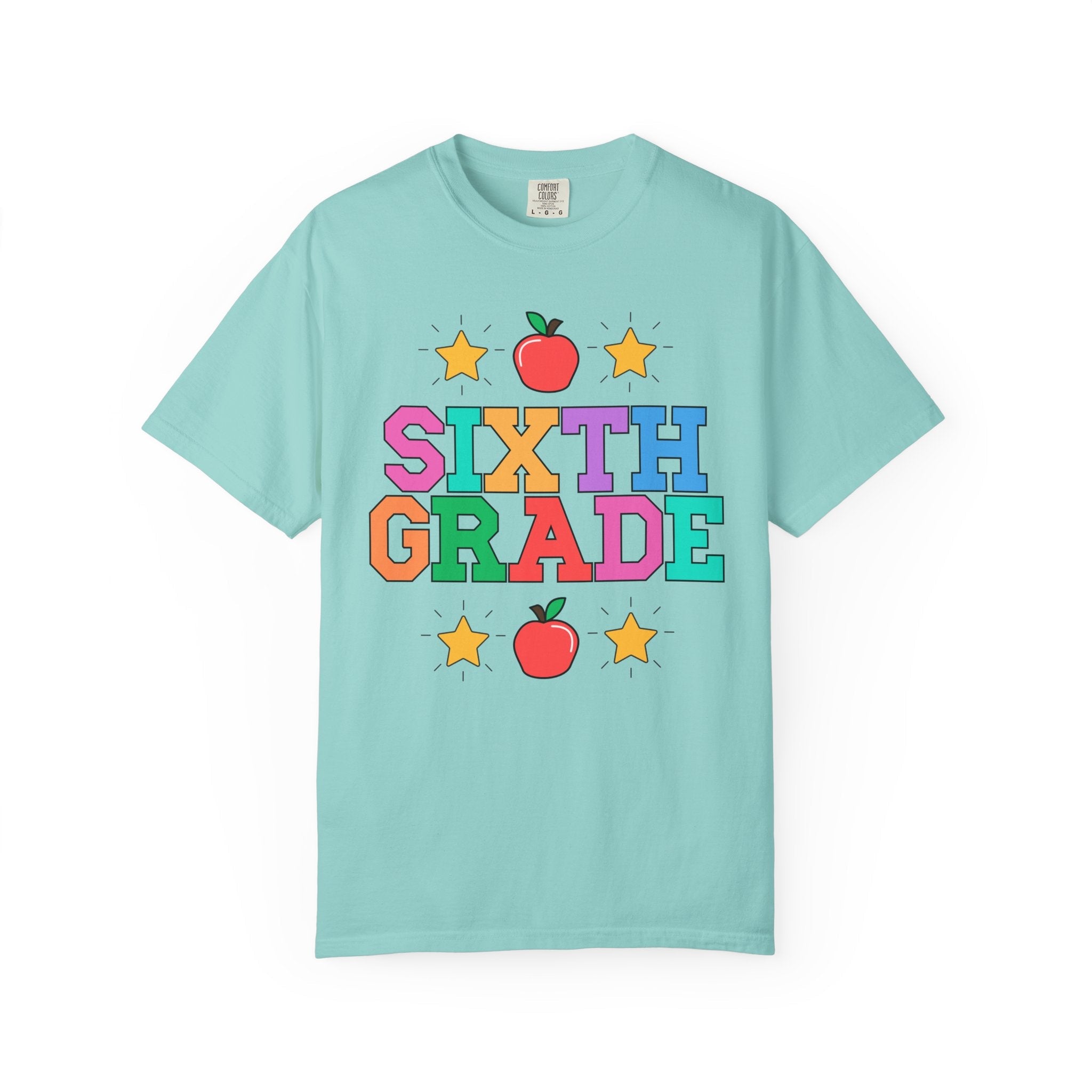 Colorful Sixth Grade Teacher Tee Shirt with Cute 90s Throwback Apple, First Day of School Teacher Team Shirt, Retro Back to School Tee - Opal and June