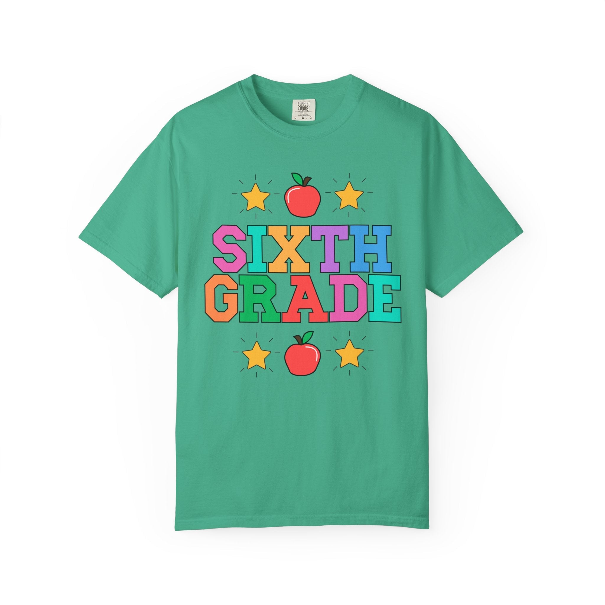Colorful Sixth Grade Teacher Tee Shirt with Cute 90s Throwback Apple, First Day of School Teacher Team Shirt, Retro Back to School Tee - Opal and June