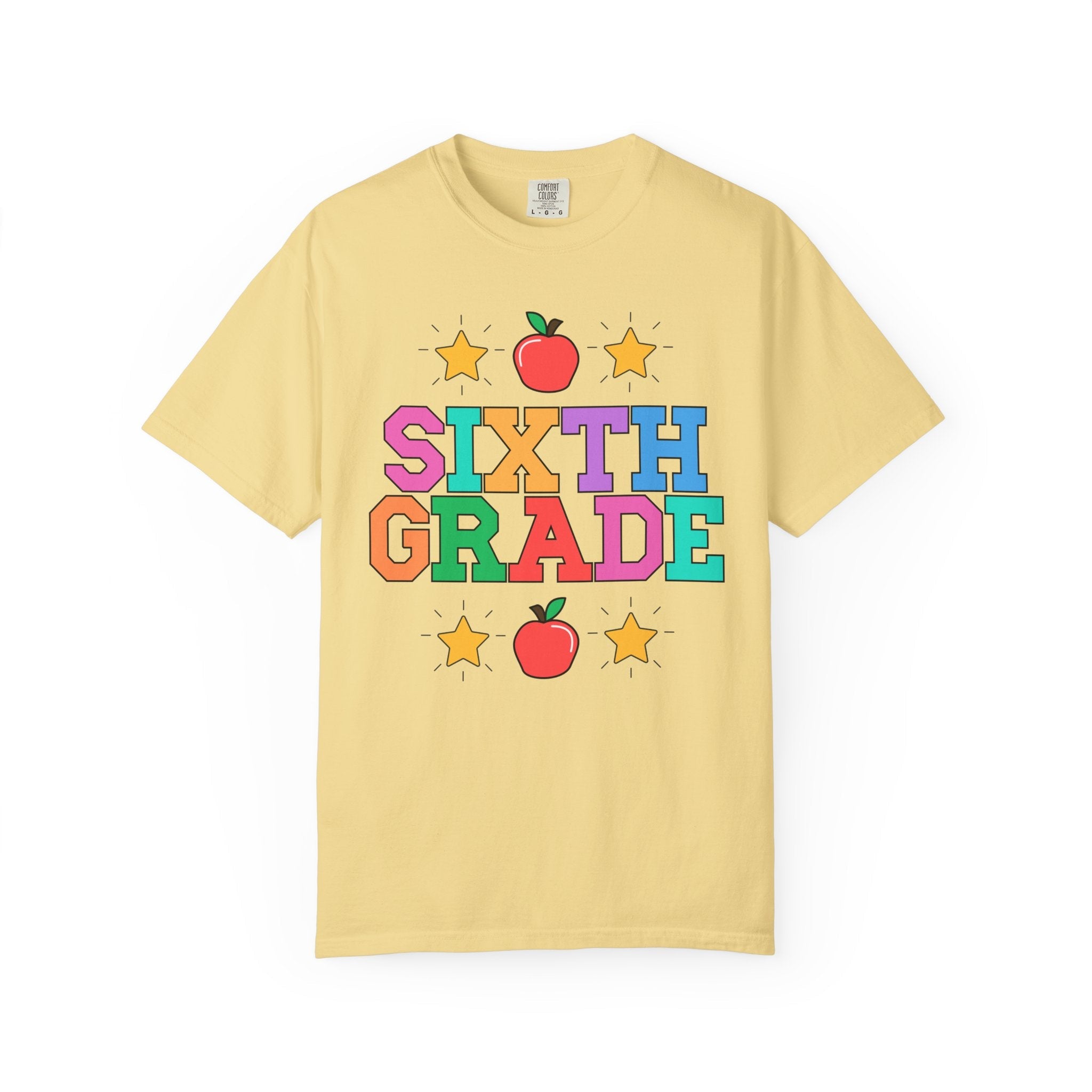 Colorful Sixth Grade Teacher Tee Shirt with Cute 90s Throwback Apple, First Day of School Teacher Team Shirt, Retro Back to School Tee - Opal and June