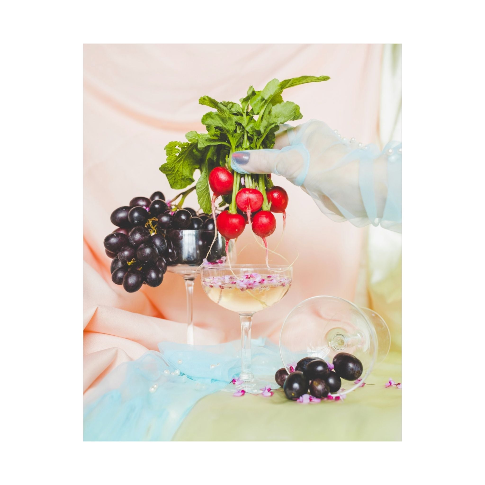 Colorful Still Life Photograph with Radishes and Grapes, Pastel Goblincore Poster Print, Original Photo by Flourish and Lissa Chandler - Opal and June