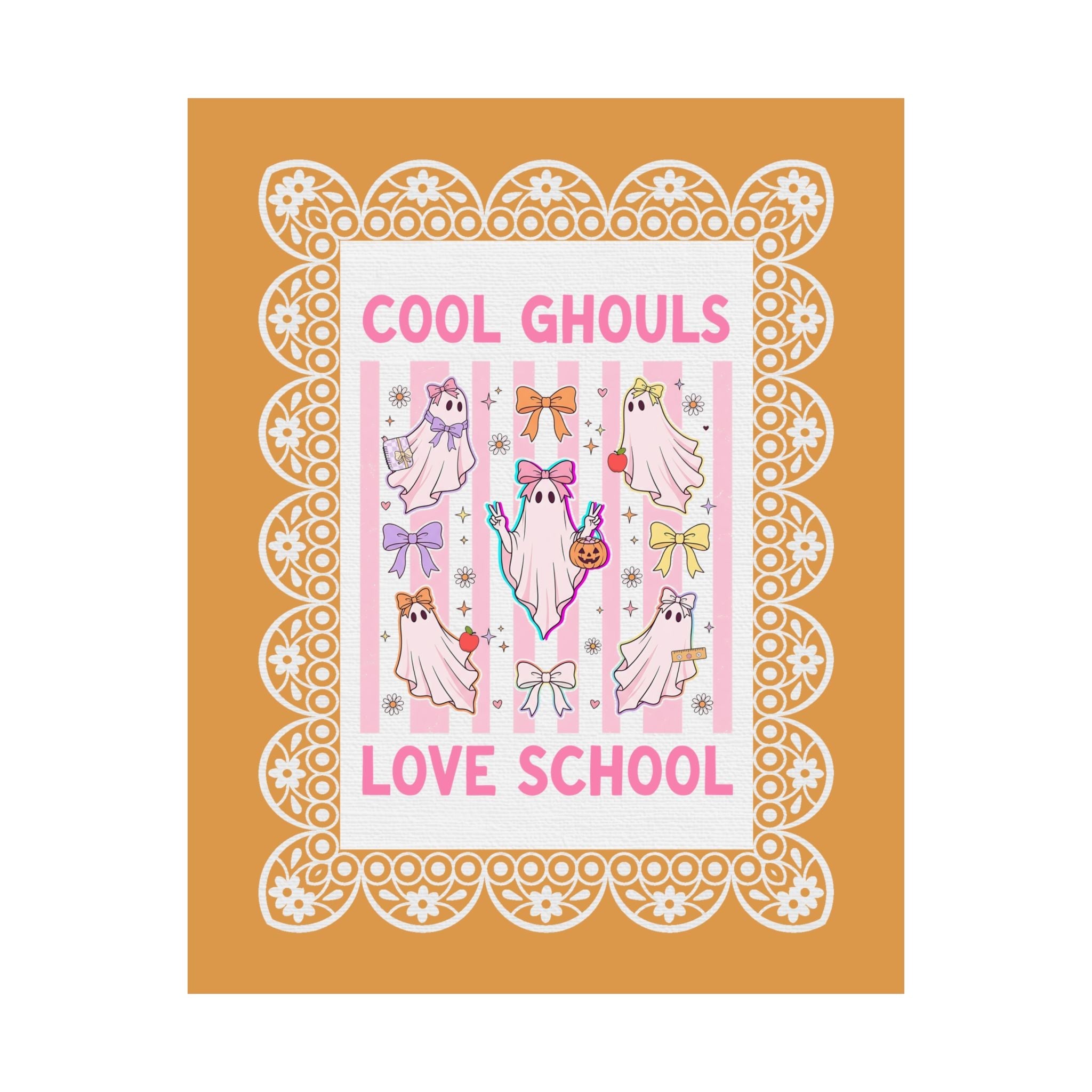 Cool Ghouls Love School Halloween Teacher Poster Print with Pink Stripes and Cute Ghosts, Matching Halloween School Office Staff Wall Decor - Opal and June