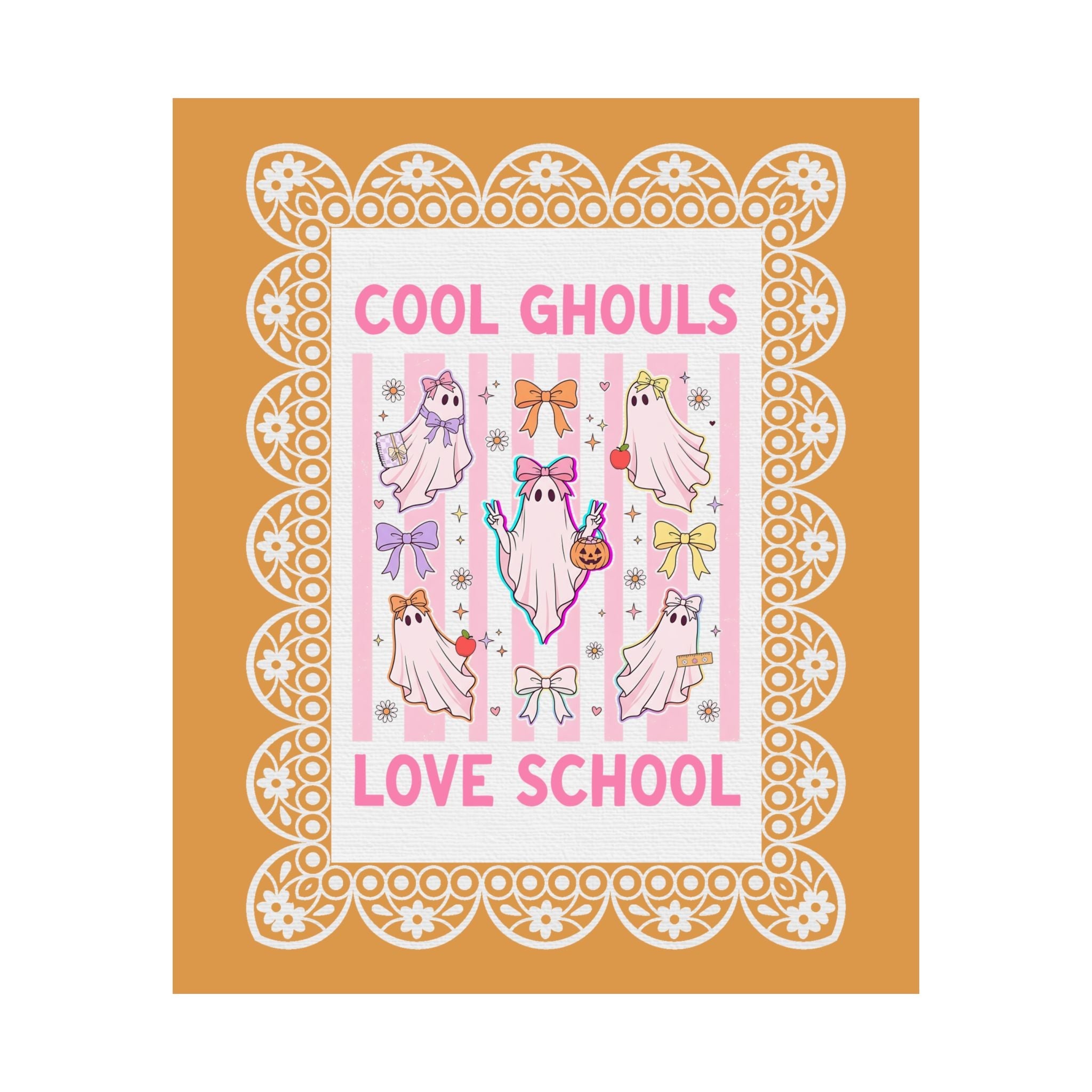 Cool Ghouls Love School Halloween Teacher Poster Print with Pink Stripes and Cute Ghosts, Matching Halloween School Office Staff Wall Decor - Opal and June