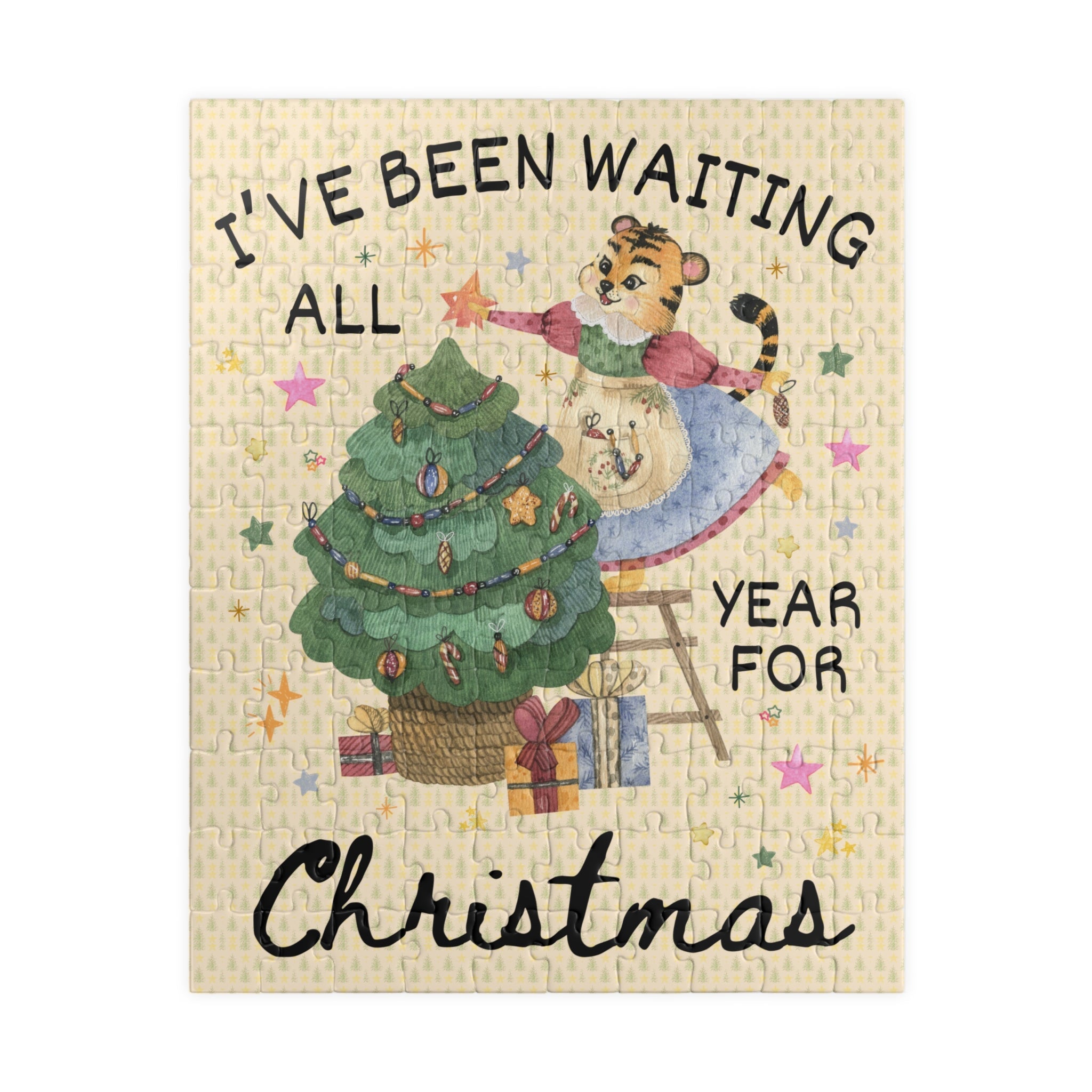 Copy of Adorable Christmas Puzzle with Stars, Nineties Throwback Xmas Puzzle, Animal Lover, Colorful Tiger Decorating Tree with Stars, Boho Holiday - Opal and June