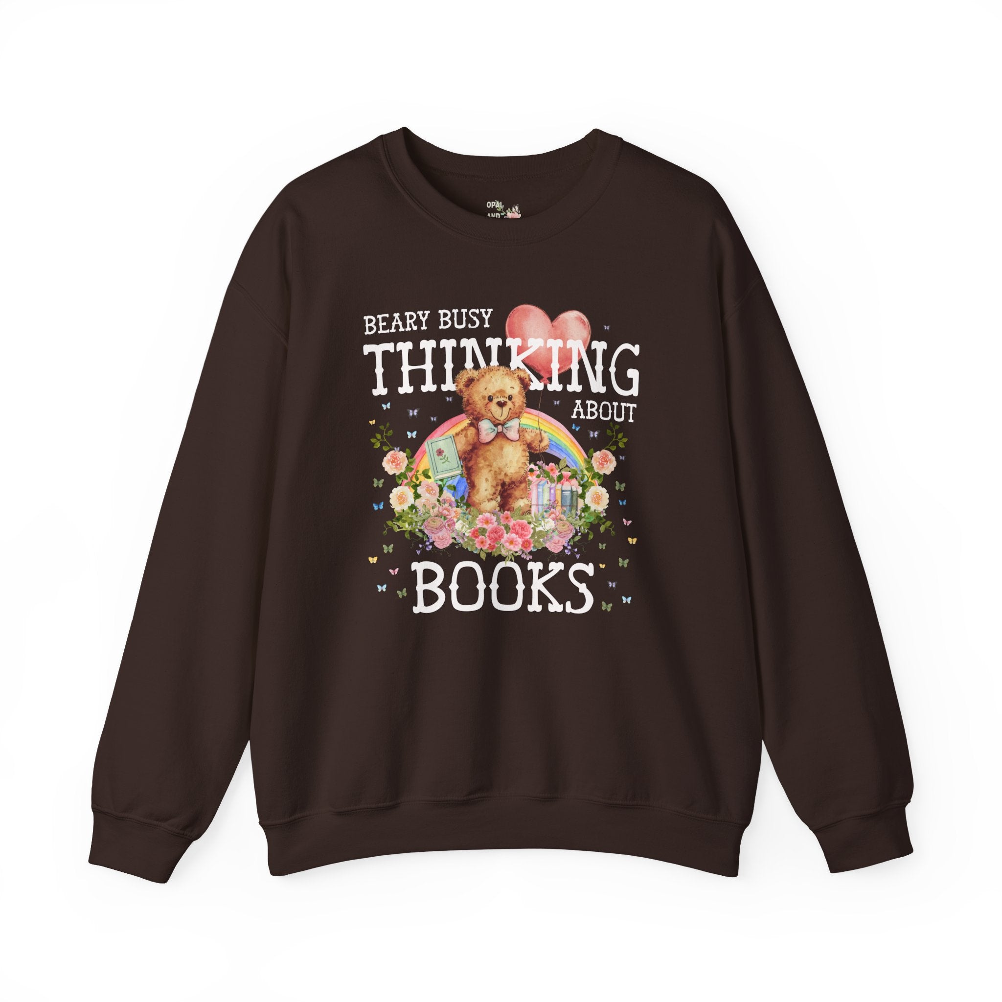 Cottagecore Bear Reading Teacher or School Librarian Sweatshirt, Romance Reader or Friend Who Loves Reading, Animal Lover Shirt with Rainbow - Opal and June