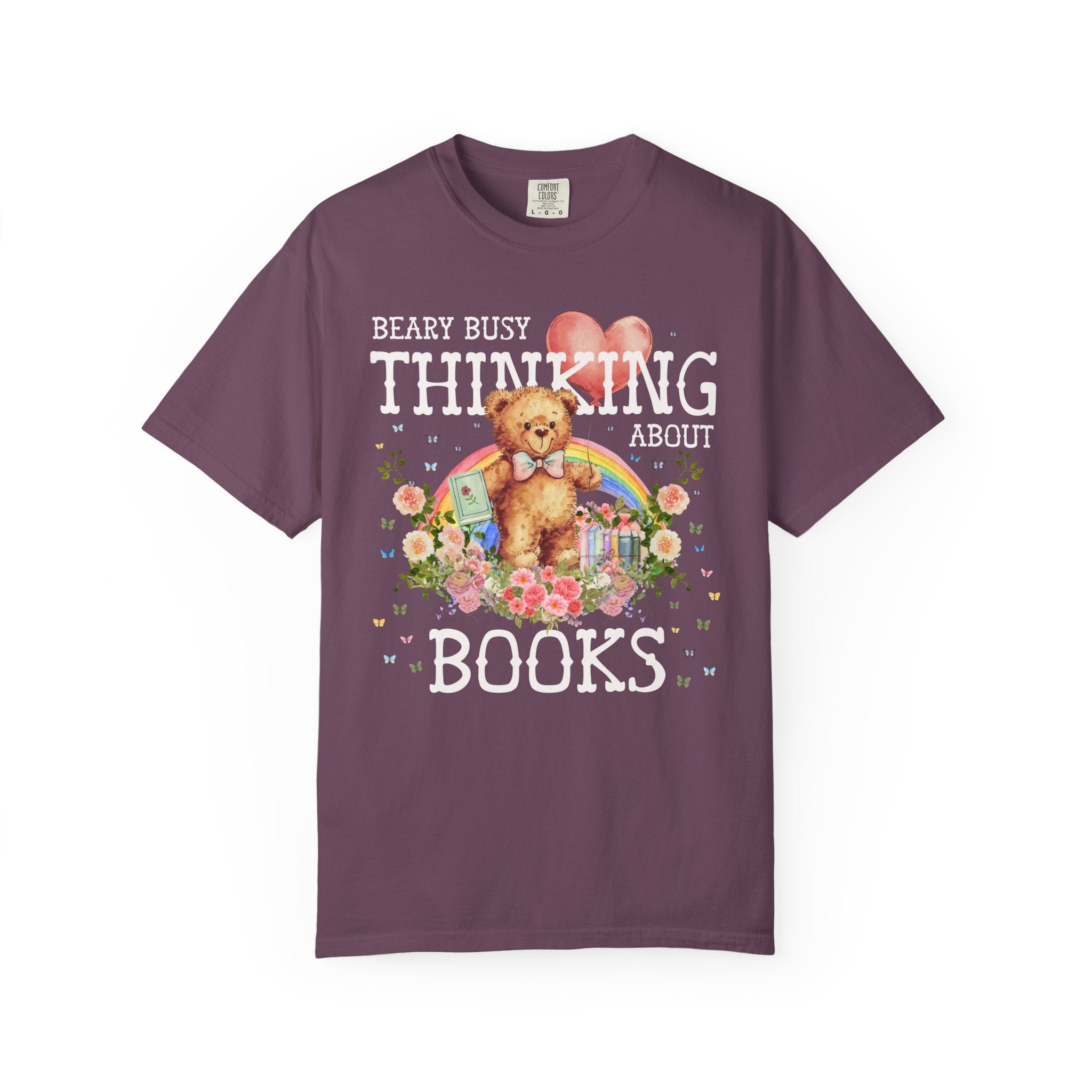 Cottagecore Bear Reading Teacher or School Librarian Tee Shirt for Romance Reader or Friend Who Loves Reading, Animal Lover Tee with Rainbow - Opal and June