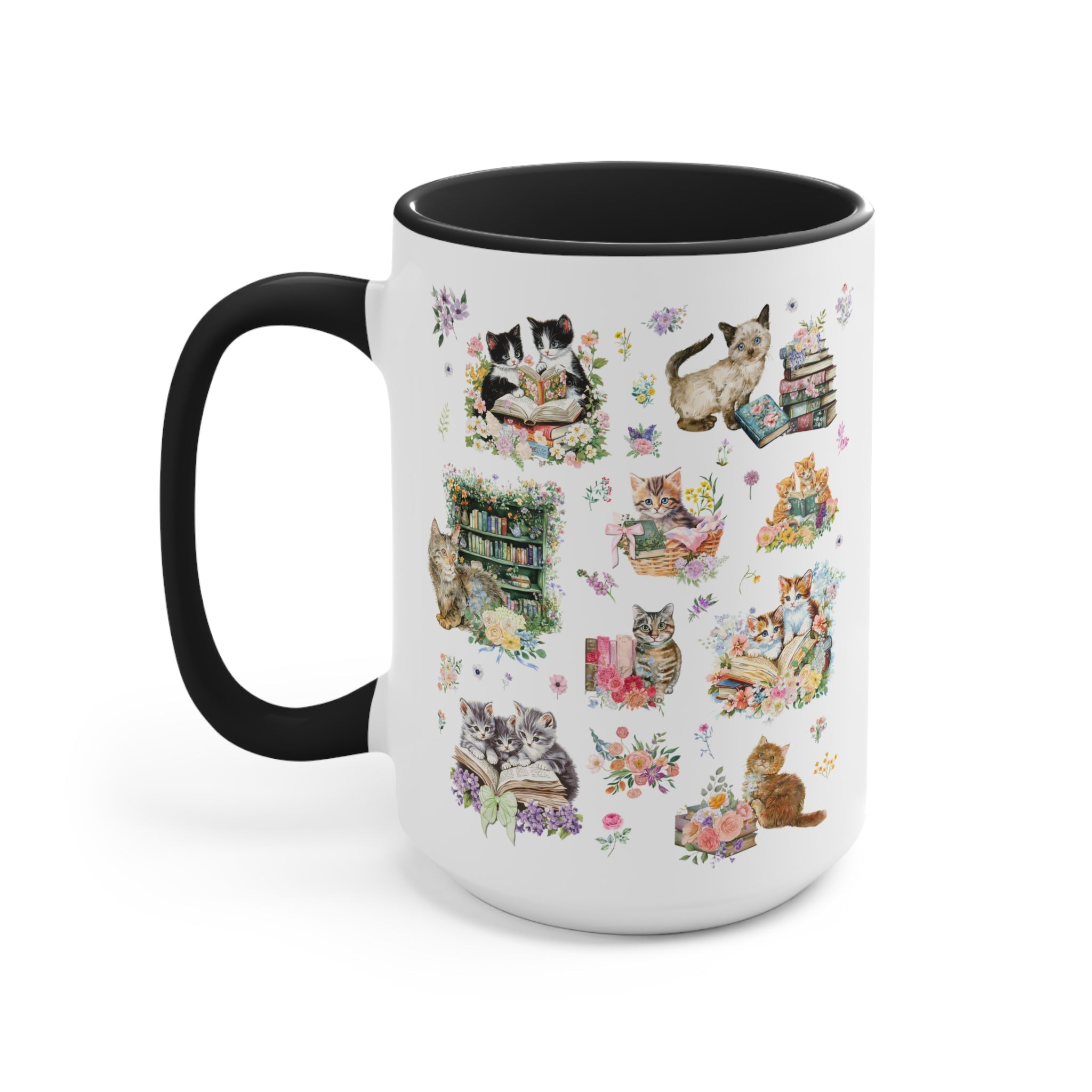 Cottagecore Cat Coffee Mug for Book Lover, Cat Mom or Cat Dad Romance Reader Present with Flowers, Goblincore Kitten Floral Mug for Bookworm - Opal and June