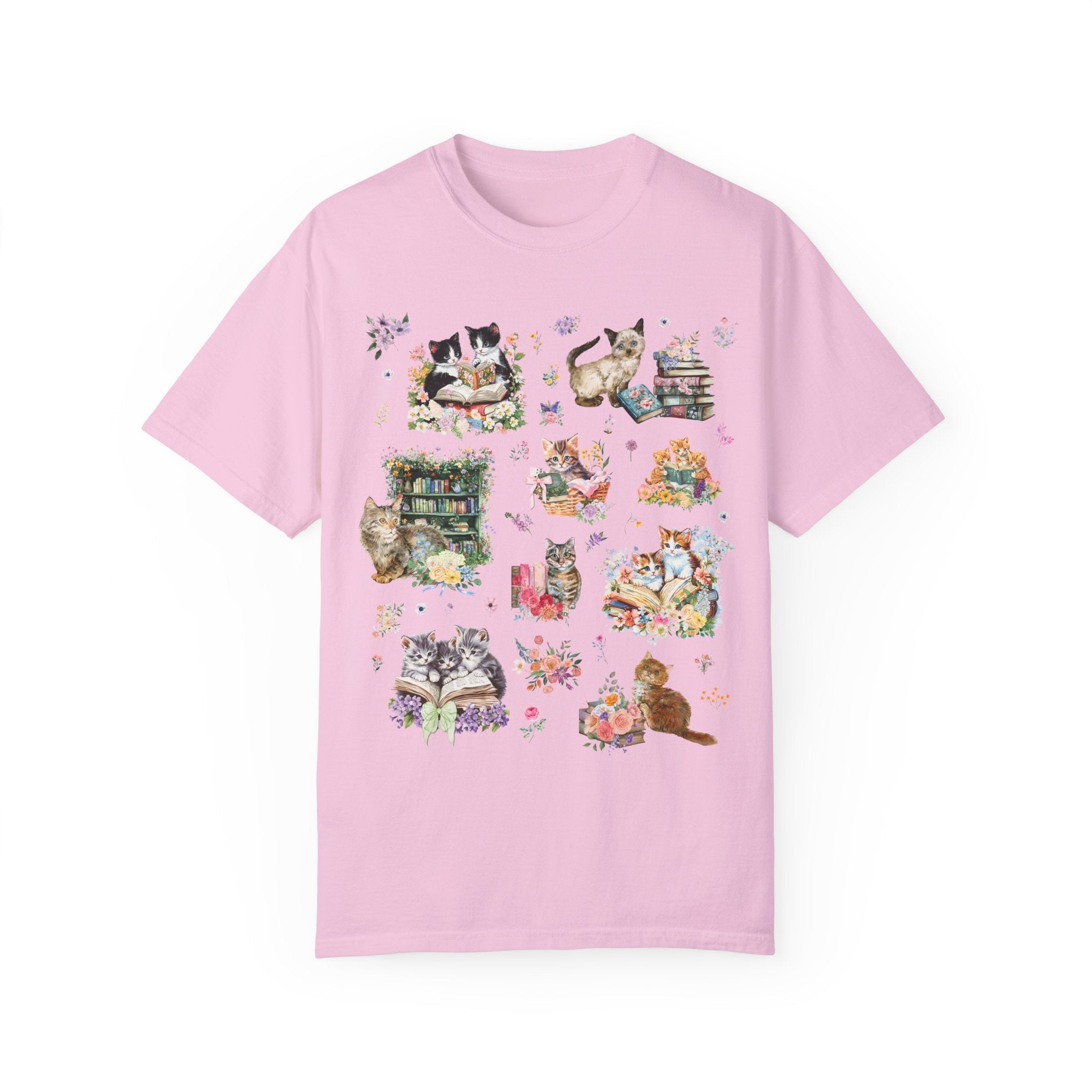 Cottagecore Cat Tee Shirt for Book Lover, Cat Mom or Cat Dad Romance Reader T-Shirt with Flowers, Goblincore Kitten Floral Tee for Bookworm - Opal and June
