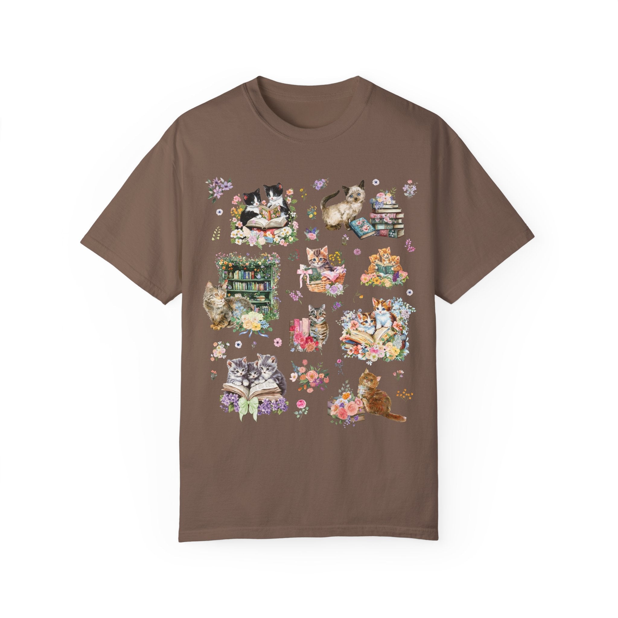 Cottagecore Cat Tee Shirt for Book Lover, Cat Mom or Cat Dad Romance Reader T-Shirt with Flowers, Goblincore Kitten Floral Tee for Bookworm - Opal and June