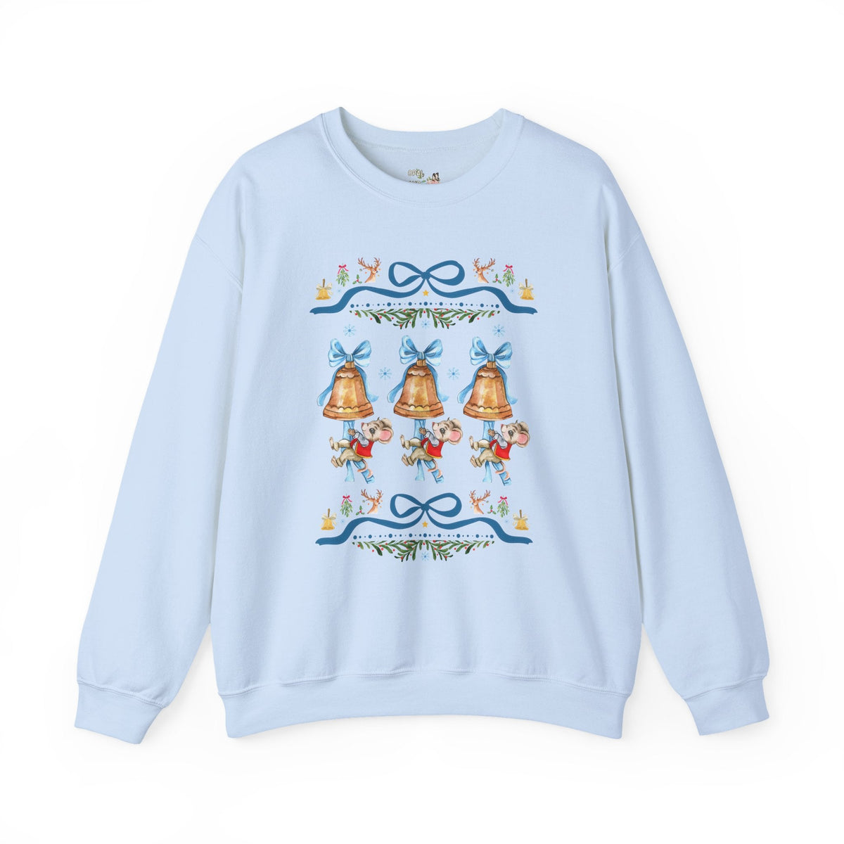 Cottagecore Christmas Mouse Sweatshirt with Cute Mouse Ringing Holiday Bells, Colorful Maximalist 90s Aesthetic Crewneck for Animal Lover - Opal and June