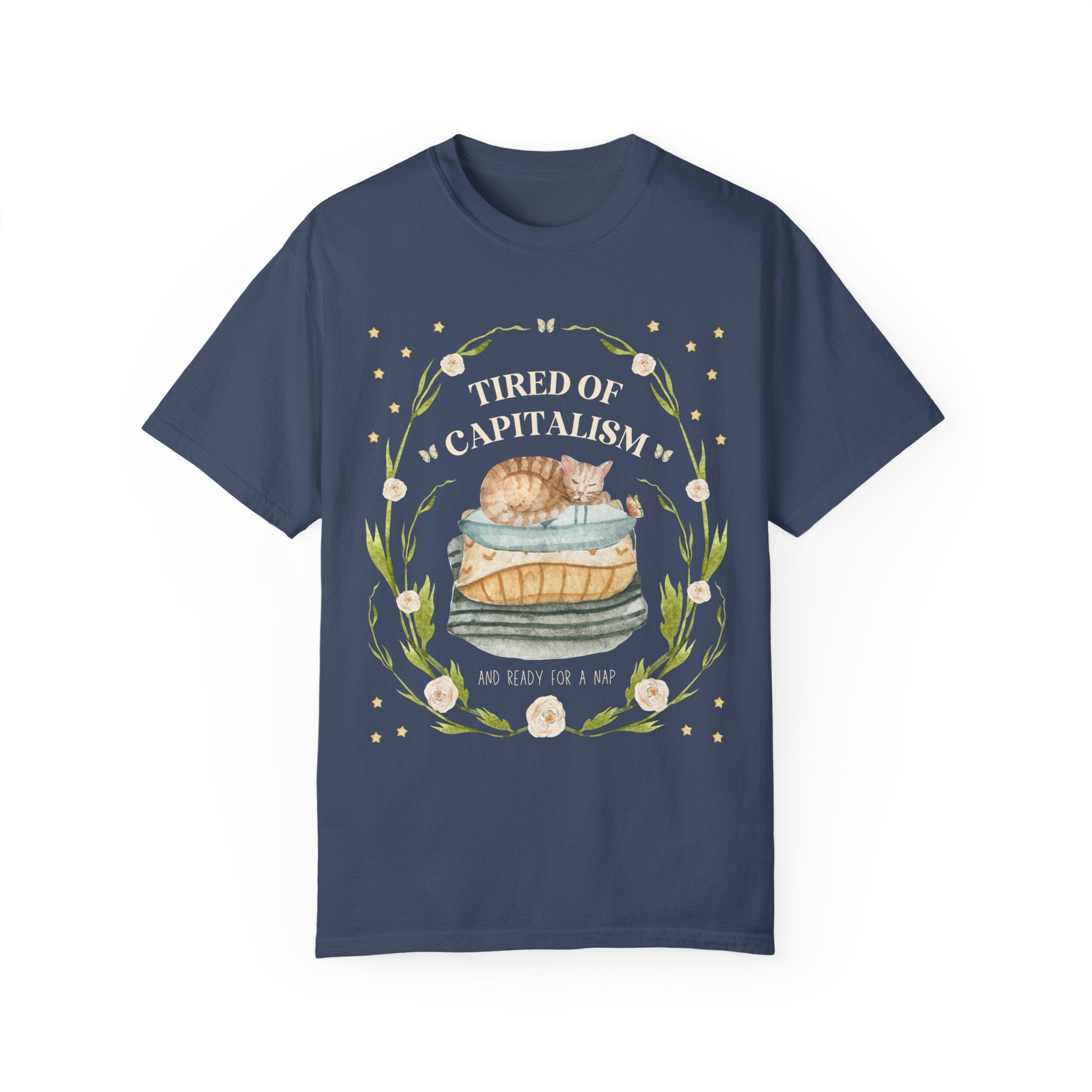 Cottagecore Leftist Tee Shirt for Cat Lovers: Tired of Capitalism | Gift for Democratic Cat Mom, Cute Social Justice Tee for Tired Activists - Opal and June